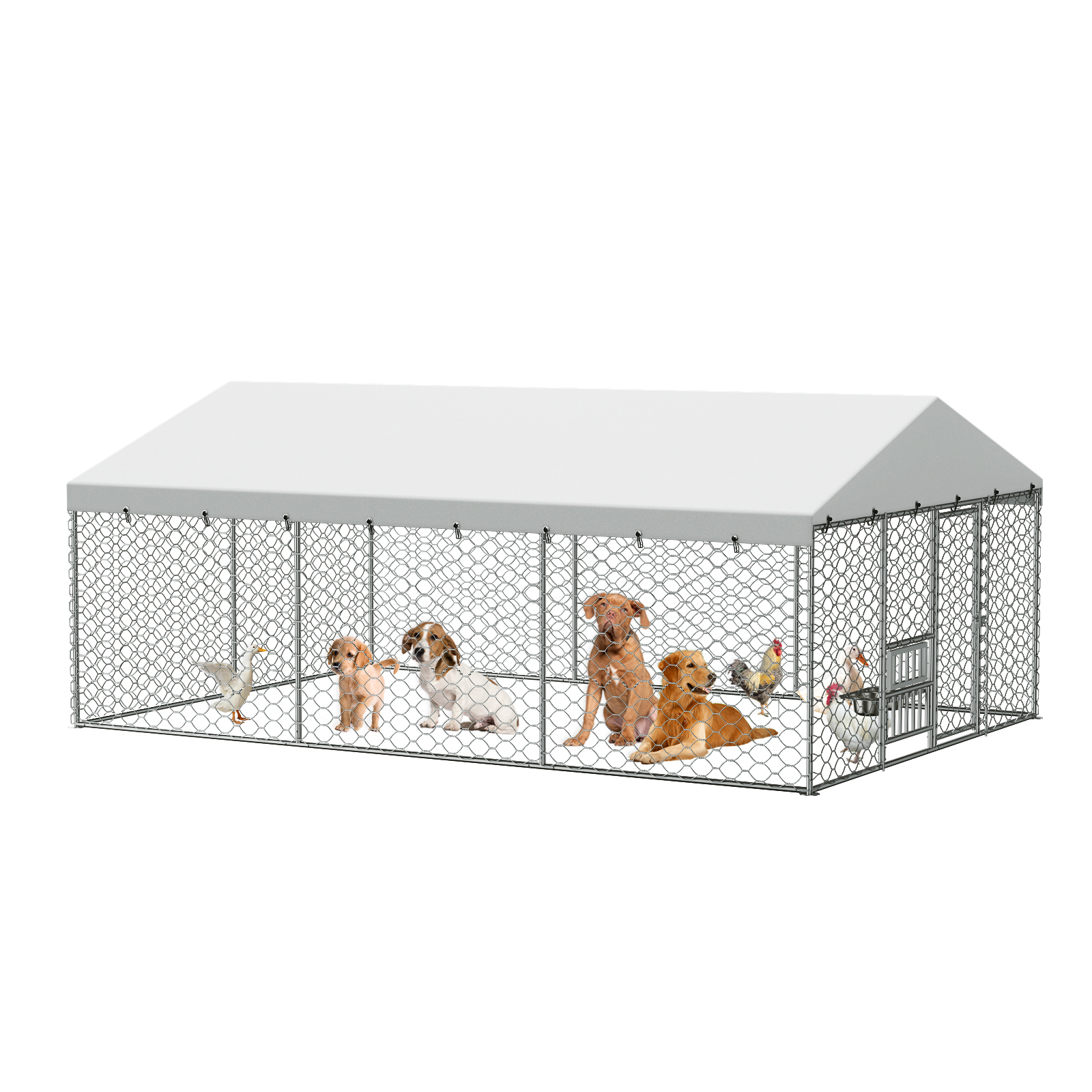 15x10 FT Large Outdoor Dog Kennel with Canopy, Heavy Duty Galvanized Steel Frame, Waterproof Cover, Built-in Elevated Feeding Bowls, Escape-Proof Lockable Pet Playpen for Large Dogs & Multiple Animal image 2