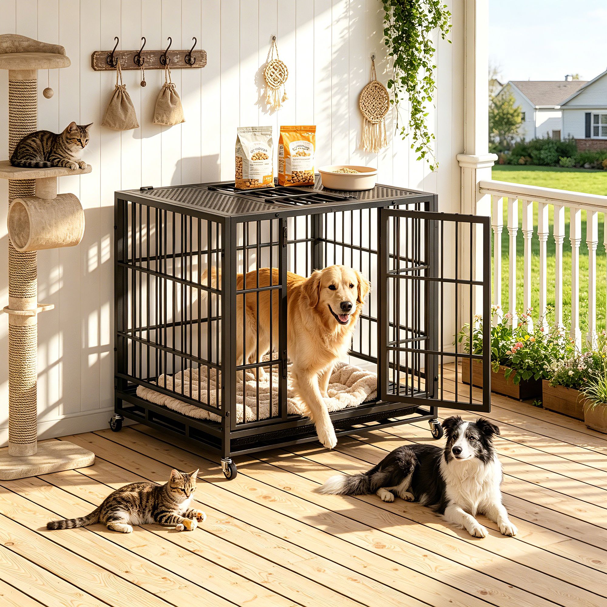 Heavy Duty Dog Crate , Mobile Pet Kennel with Lockable Wheels & Rotary Twist-Latch, Indoor Outdoor Metal Cage with Perforated Top