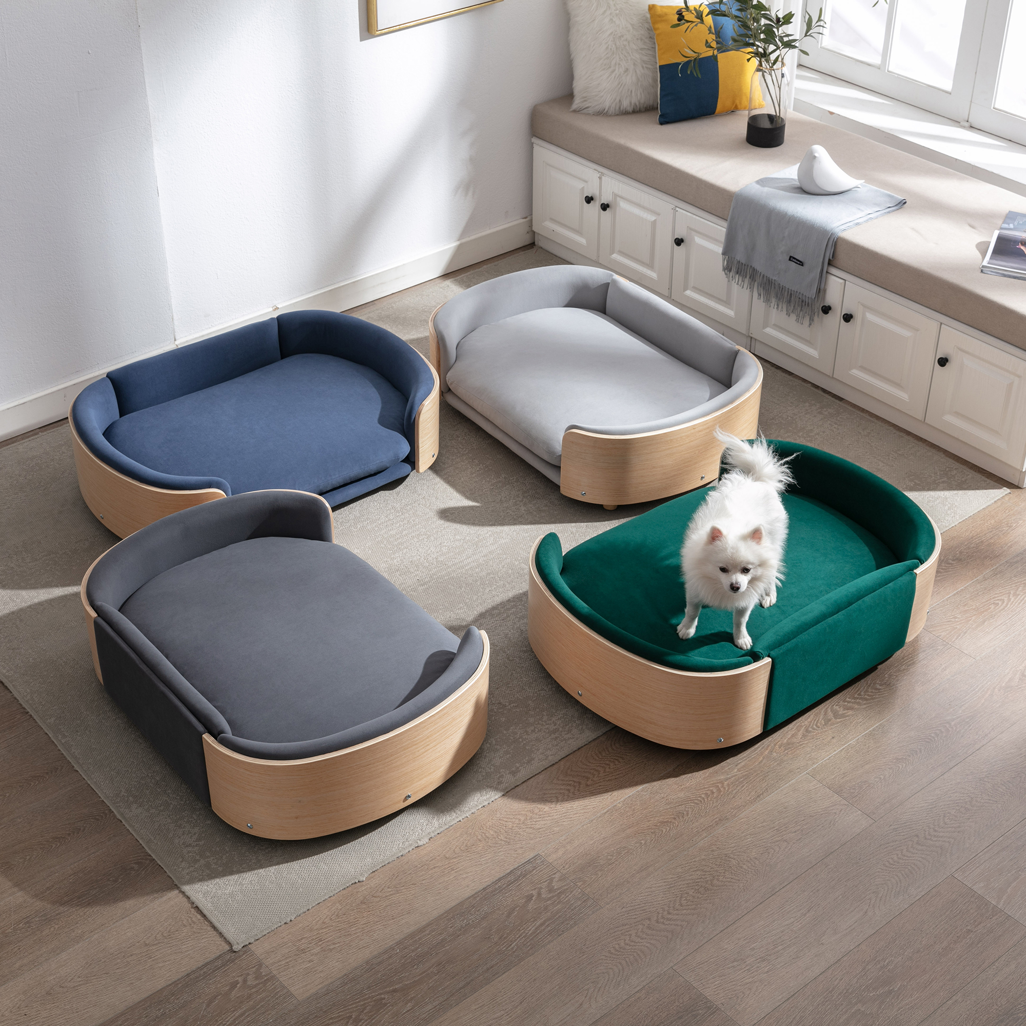 Scandinavian style Elevated Dog Bed Pet Sofa With Solid Wood legs and Bent Wood Back, Velvet Cushion,Large Size image 5