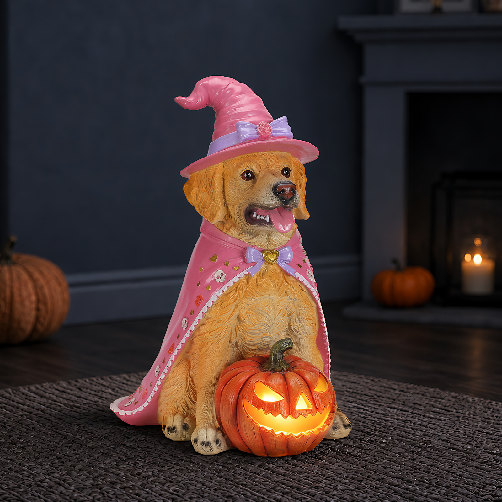 Halloween Golden Retriever Dog Statue, Large Sitting Dog Figurine with Pink Witch Hat & Cape, LED Light Up Jack-O-Lantern Pumpkin image 10