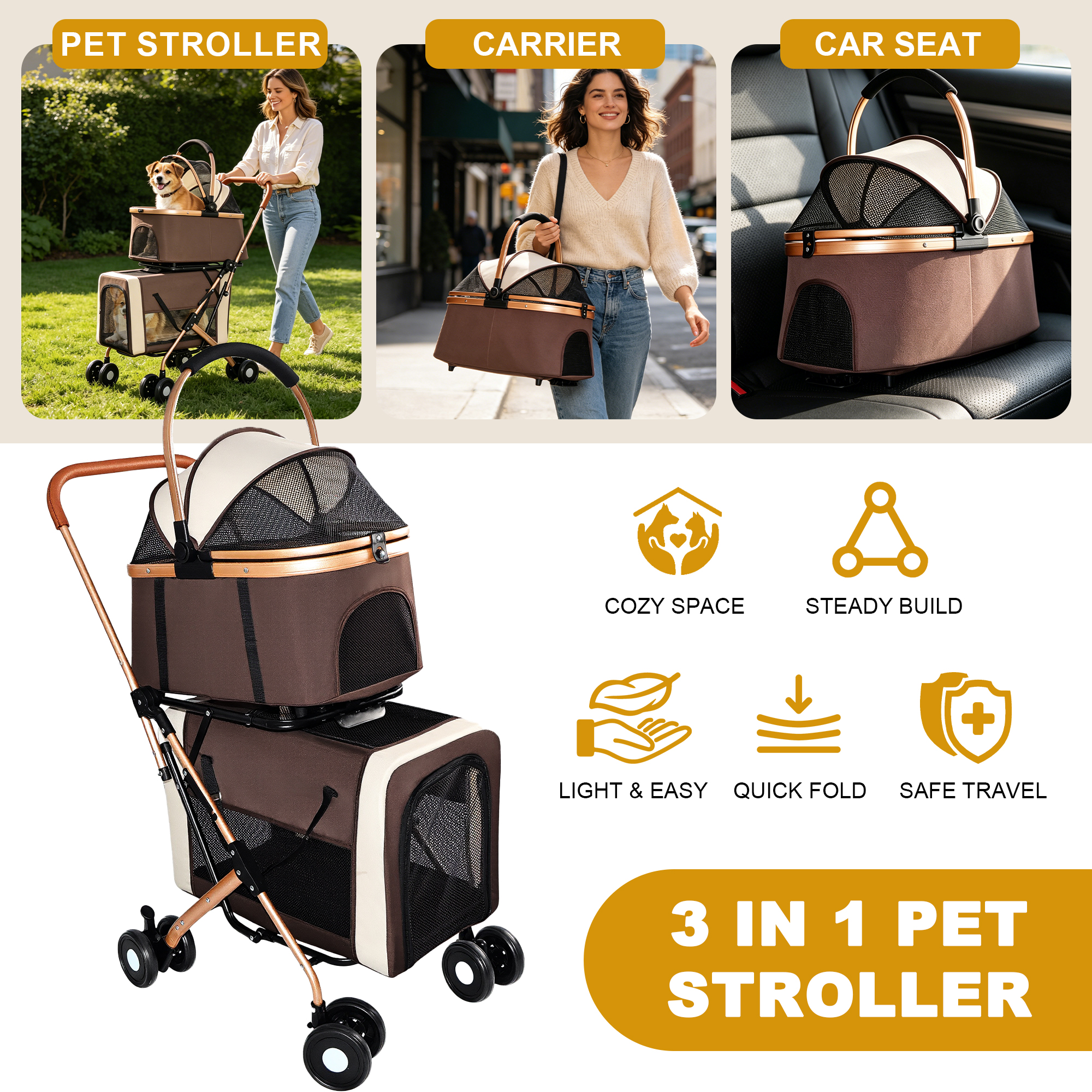 3-in-1 Double Pet Stroller For Small Medium Dogs Cats, Foldable Frame Convertible Pet Carrier Tote, Shockproof Wheels With Brake System, Dual Fixed Safety Leashes For Multi-Pet Households image 5