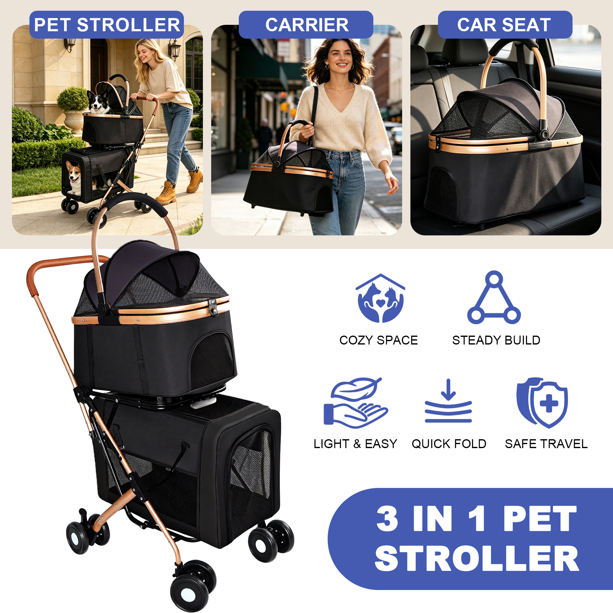 3-in-1 Double Pet Stroller For Small Medium Dogs Cats, Foldable Frame Convertible Pet Carrier Tote, Shockproof Wheels With Brake System, Dual Fixed Safety Leashes For Multi-Pet Households image 3