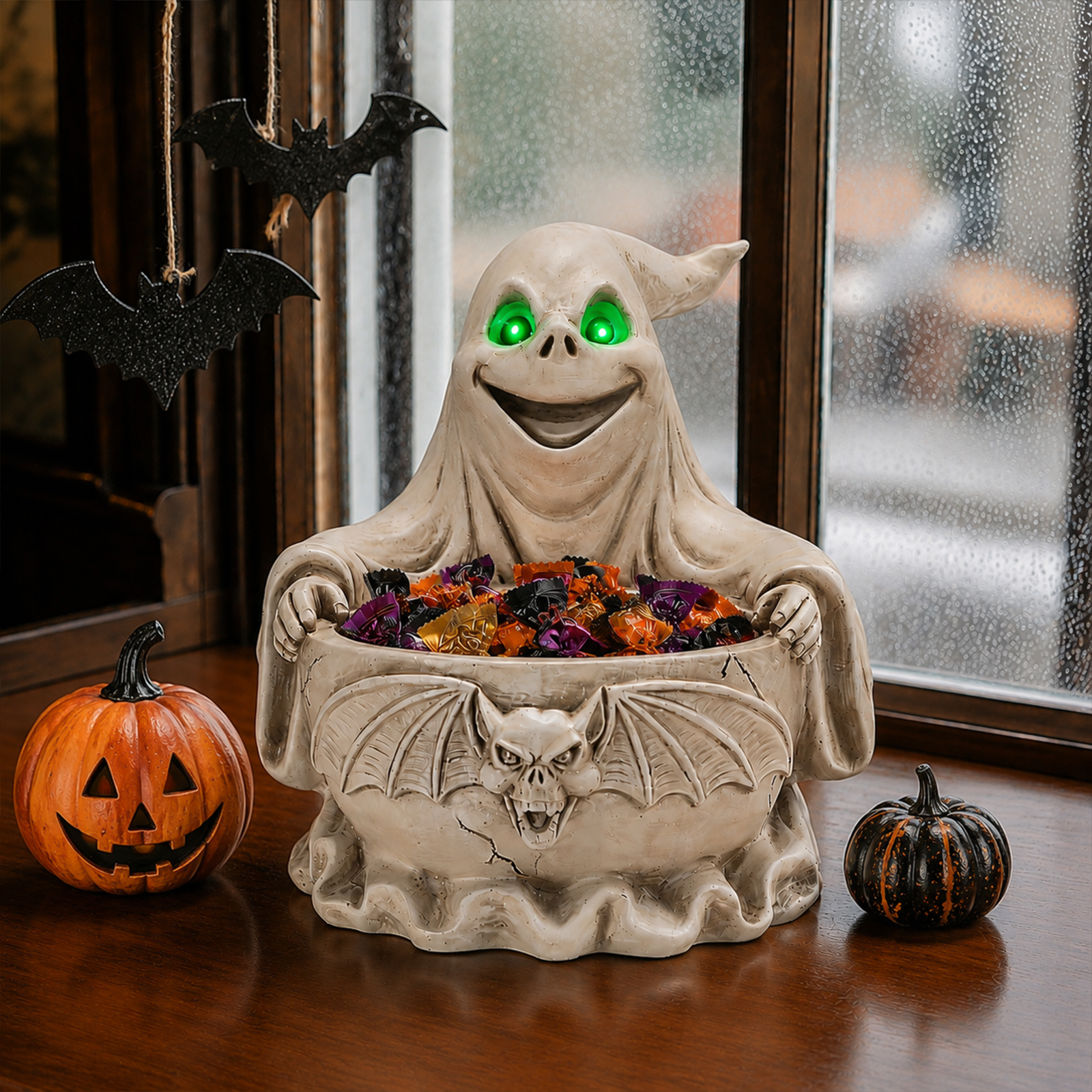 Halloween Ghost Storage Bowl Figurine, Spooky Candy Dish with LED Light for Halloween Party image 13