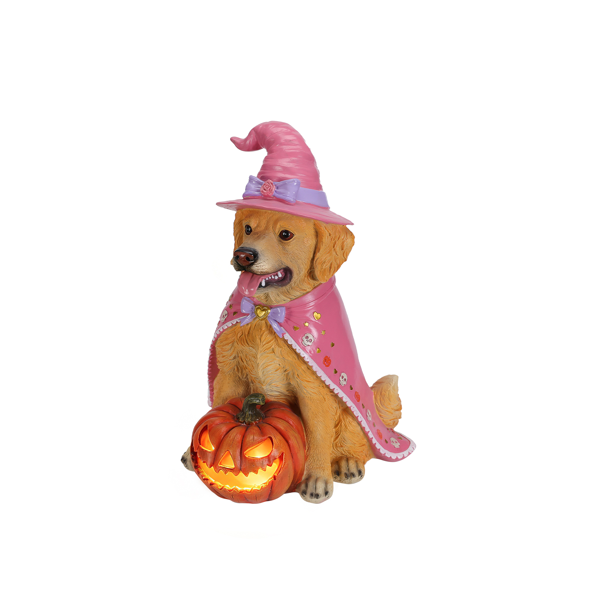 Halloween Golden Retriever Dog Statue, Large Sitting Dog Figurine with Pink Witch Hat & Cape, LED Light Up Jack-O-Lantern Pumpkin image 13