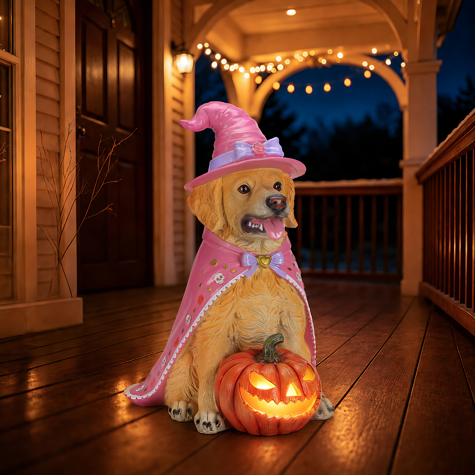 Halloween Golden Retriever Dog Statue, Large Sitting Dog Figurine with Pink Witch Hat & Cape, LED Light Up Jack-O-Lantern Pumpkin image 4