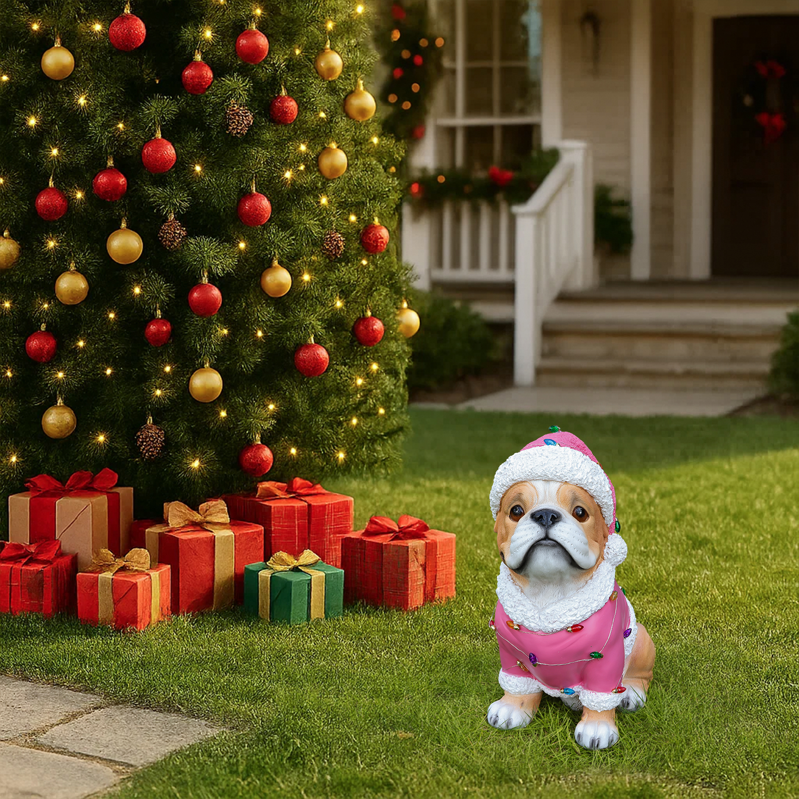 Christmas Pug Statue, Holiday Dog Figurine in Pink Santa Outfit image 15