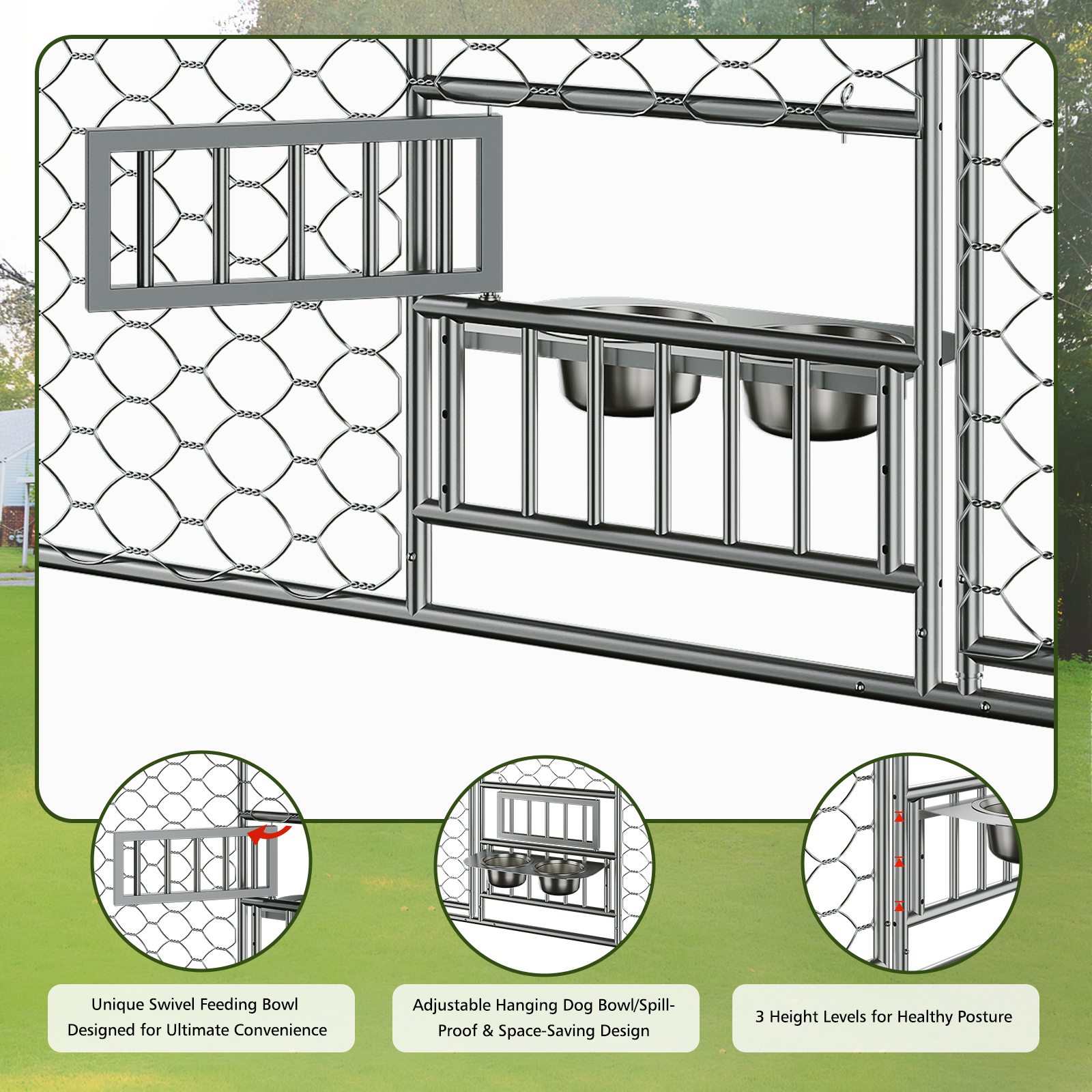 15x10 FT Large Outdoor Dog Kennel with Canopy, Heavy Duty Galvanized Steel Frame, Waterproof Cover, Built-in Elevated Feeding Bowls, Escape-Proof Lockable Pet Playpen for Large Dogs & Multiple Animal image 9