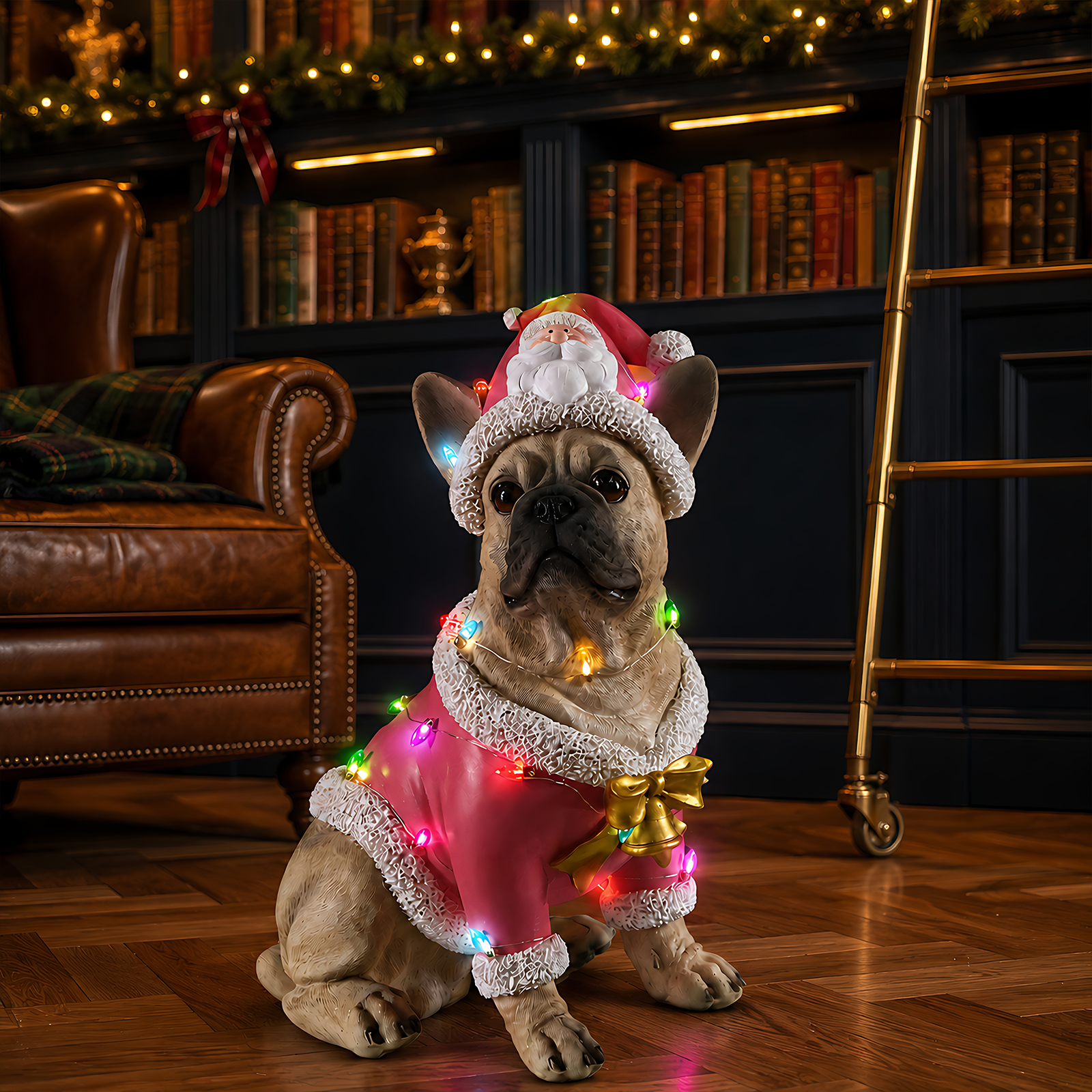 Christmas French Bulldog Statue,  Holiday Dog Figurine in Pink Santa Outfit, Festive Christmas Home Décor image 2