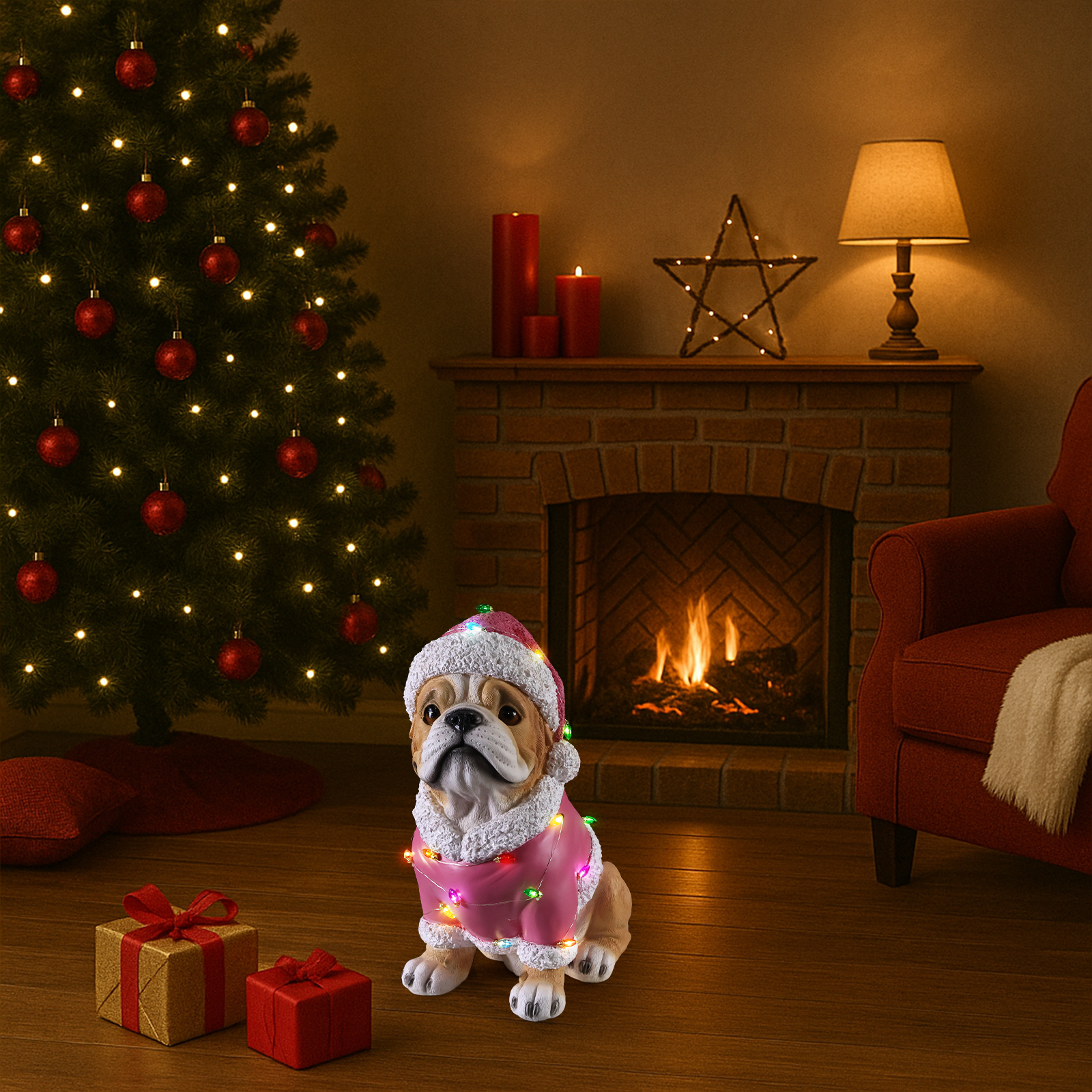 Christmas Pug Statue, Holiday Dog Figurine in Pink Santa Outfit