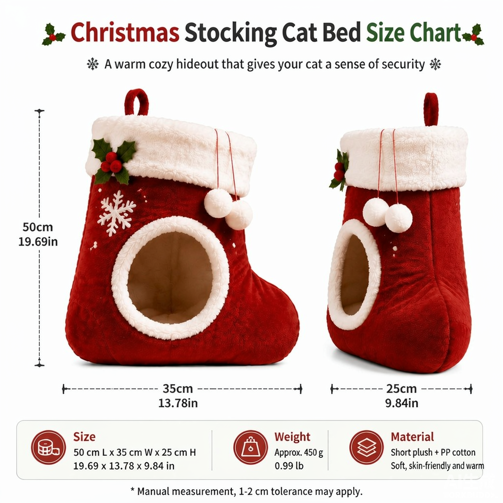 Christmas Stocking Cat Bed, Hanging Plush Cat Cave Bed With Pompoms, Non-Slip Covered Pet House For Indoor Cats And Kittens, Warm Winter Pet Bed, Holiday Xmas Decor, 19.7 X 13.8 X 9.8 Inch, Red