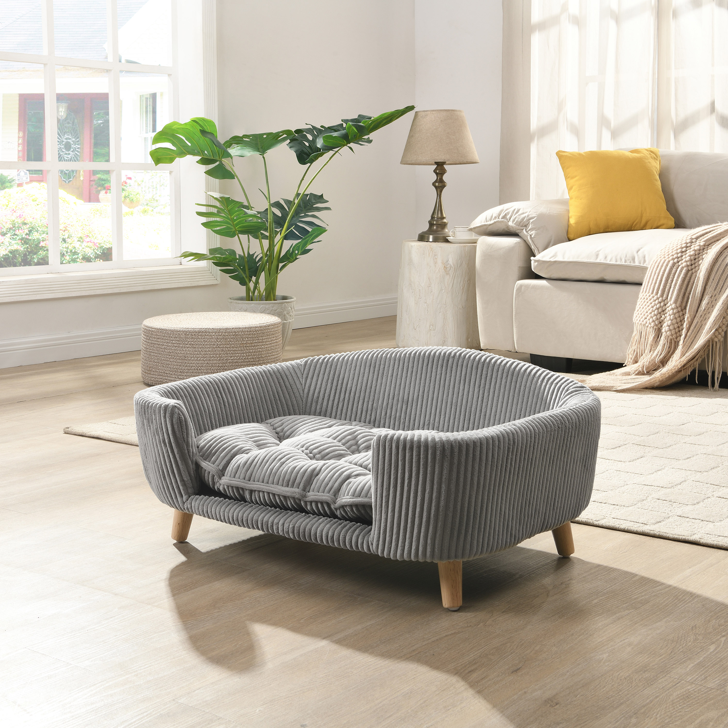 Elevated Dog Bed Frame for Small Dog, Corduroy Pet Couch Bed with Rubber Wood Legs and Supportive Foam, Grey, Easy Assembly image 12