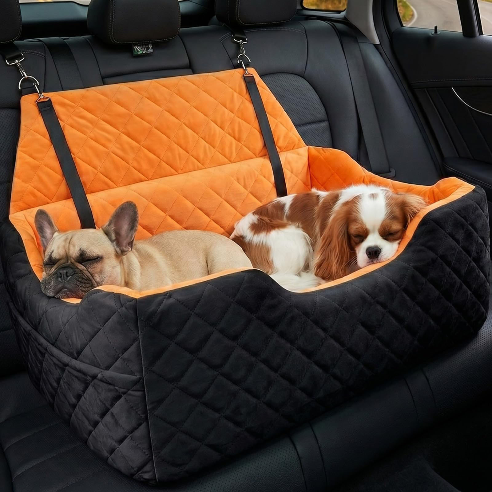 Dog Car Seat For Large Medium Dogs , Memory Foam Dog Booster Seat With Storage Pocket, 2 Safety Leashes,Washable Cover, Portable Anxiety Pet Travel Bed, Black image 7