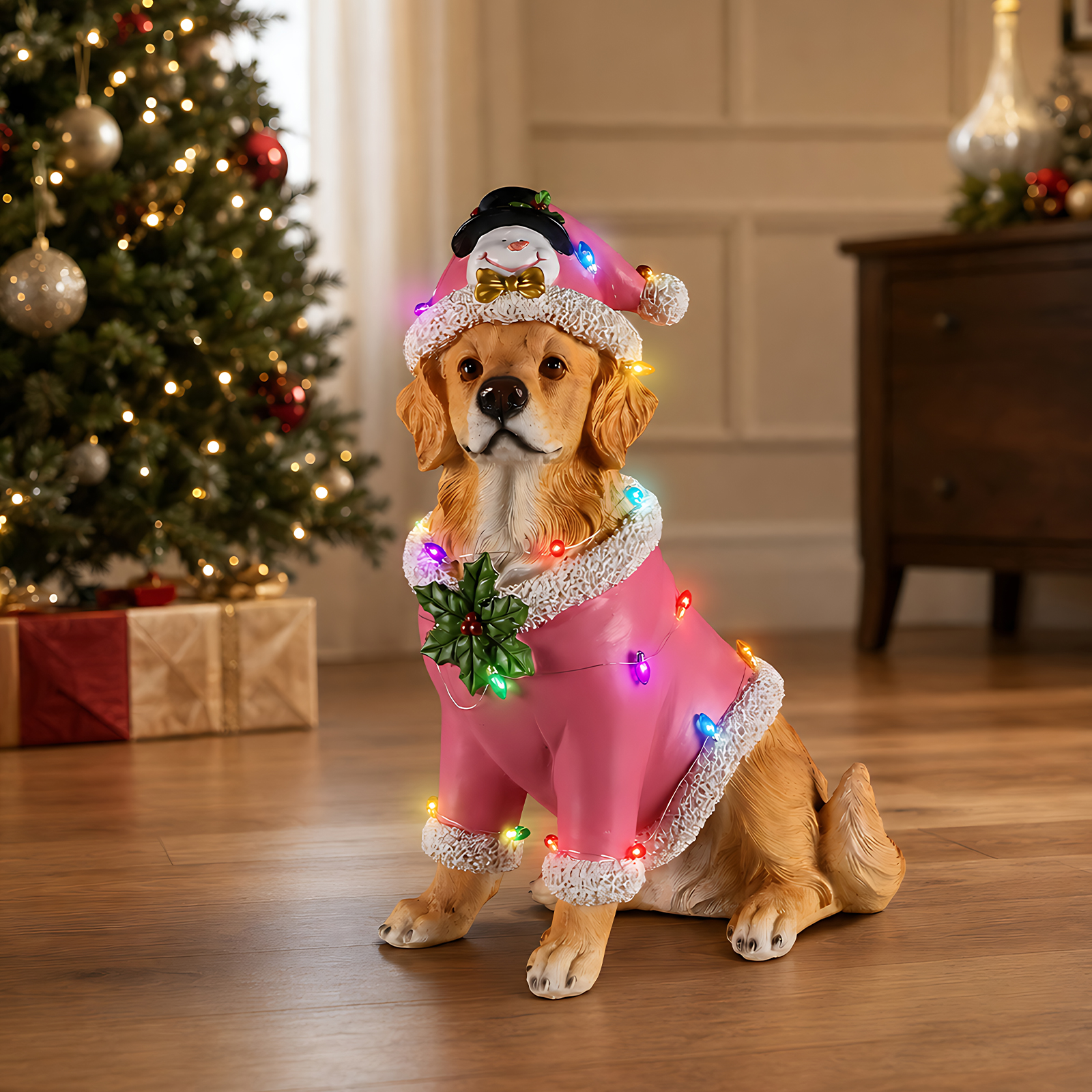 Christmas Golden Retriever Statue, Holiday Dog Figurine in Pink Santa Outfit image 23