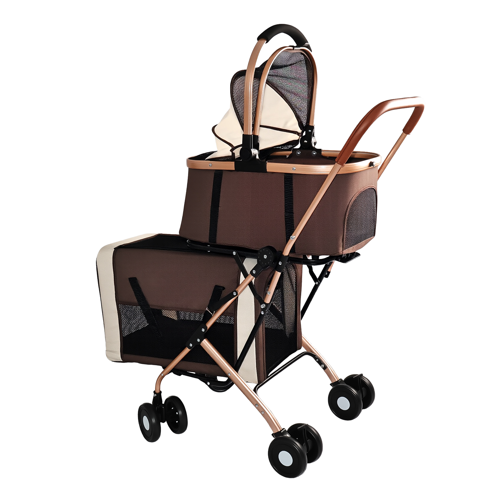 3-in-1 Double Pet Stroller For Small Medium Dogs Cats, Foldable Frame Convertible Pet Carrier Tote, Shockproof Wheels With Brake System, Dual Fixed Safety Leashes For Multi-Pet Households image 11