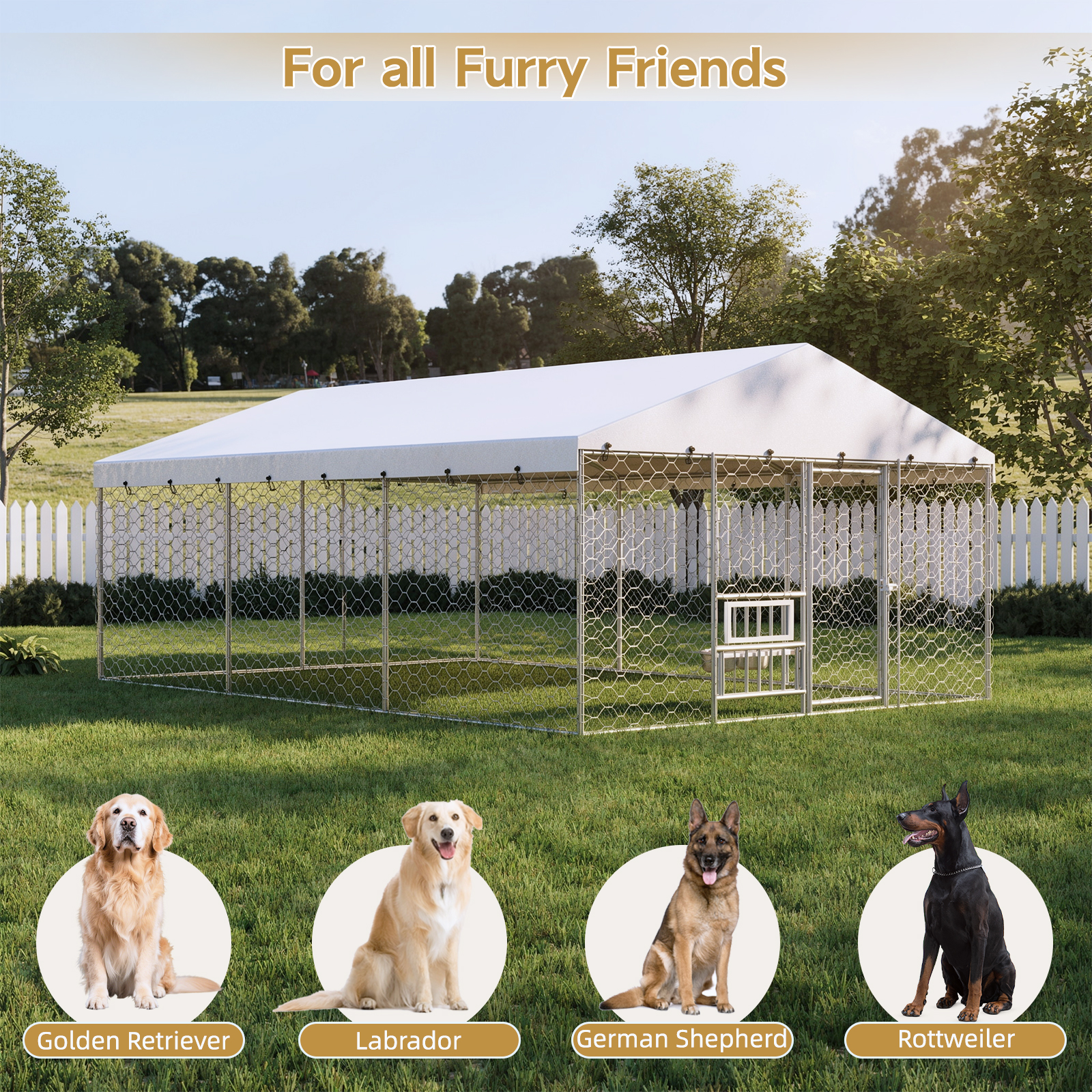 15x10 FT Large Outdoor Dog Kennel with Canopy, Heavy Duty Galvanized Steel Frame, Waterproof Cover, Built-in Elevated Feeding Bowls, Escape-Proof Lockable Pet Playpen for Large Dogs & Multiple Animal image 5