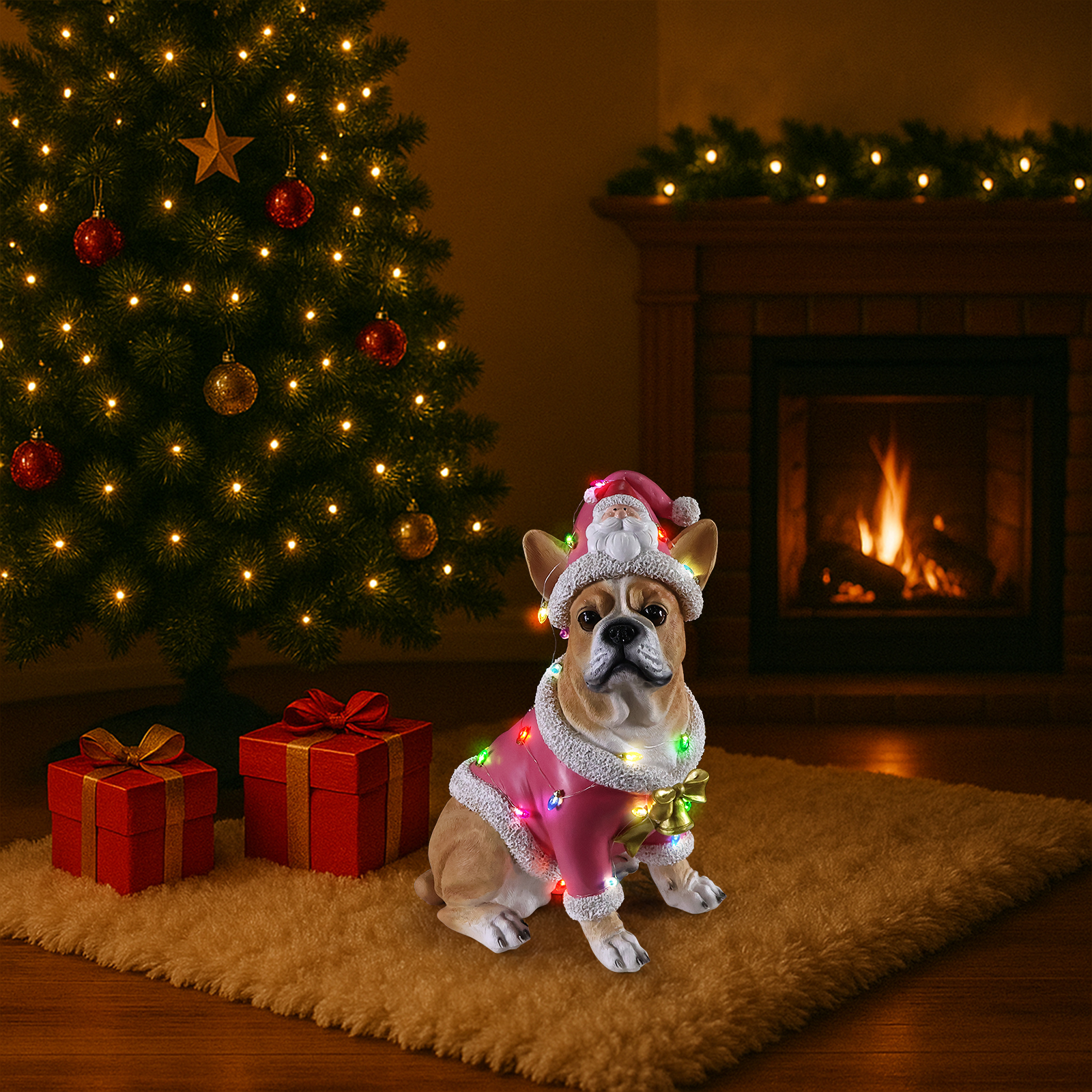 Christmas French Bulldog Statue,Holiday Dog Figurine in Pink Santa Outfit image 14