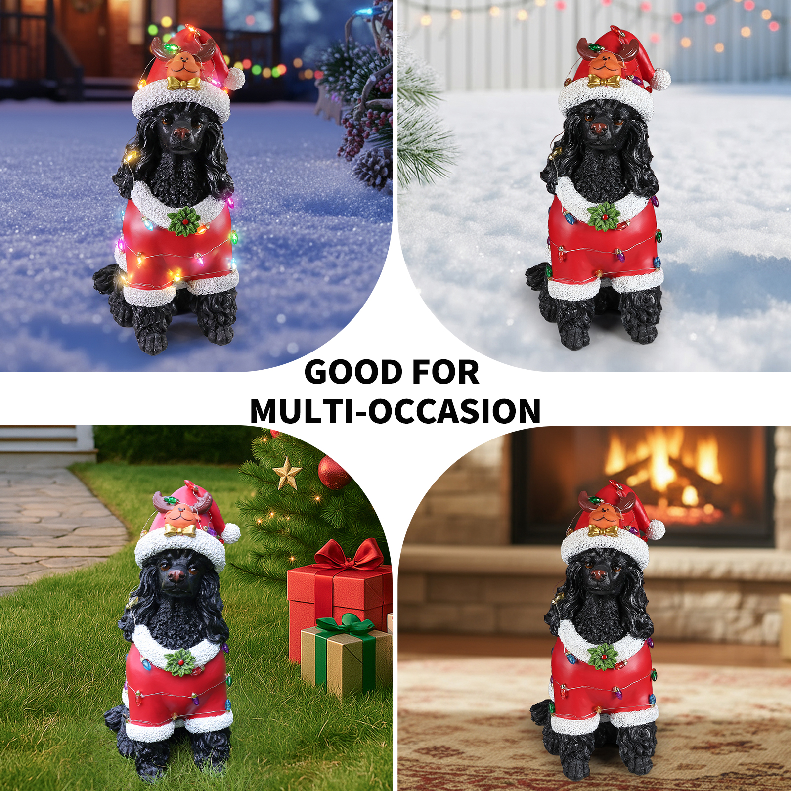 Christmas Black Poodle Statue, Holiday Dog Figurine in Red Santa Outfit