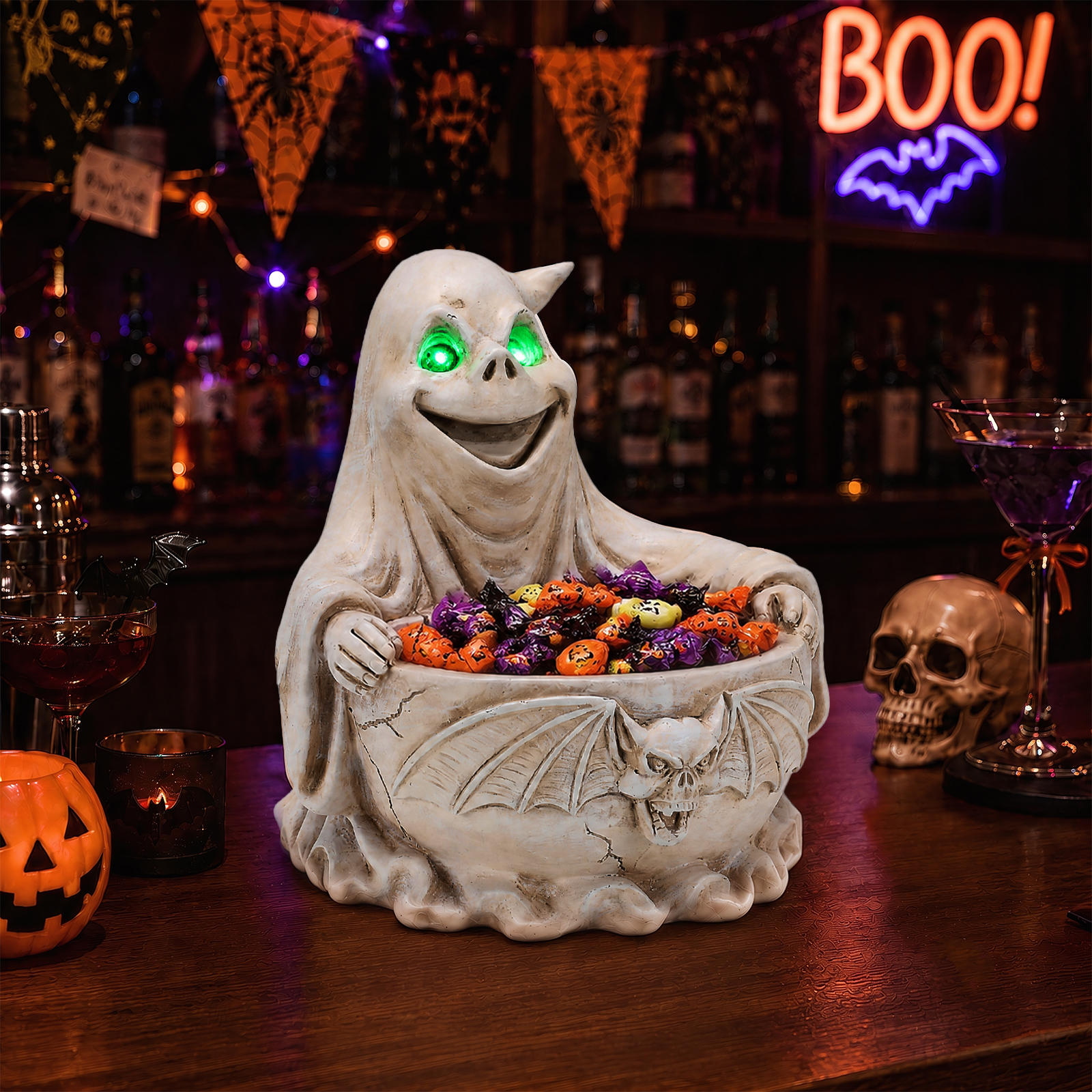 Halloween Ghost Storage Bowl Figurine, Spooky Candy Dish with LED Light for Halloween Party image 8