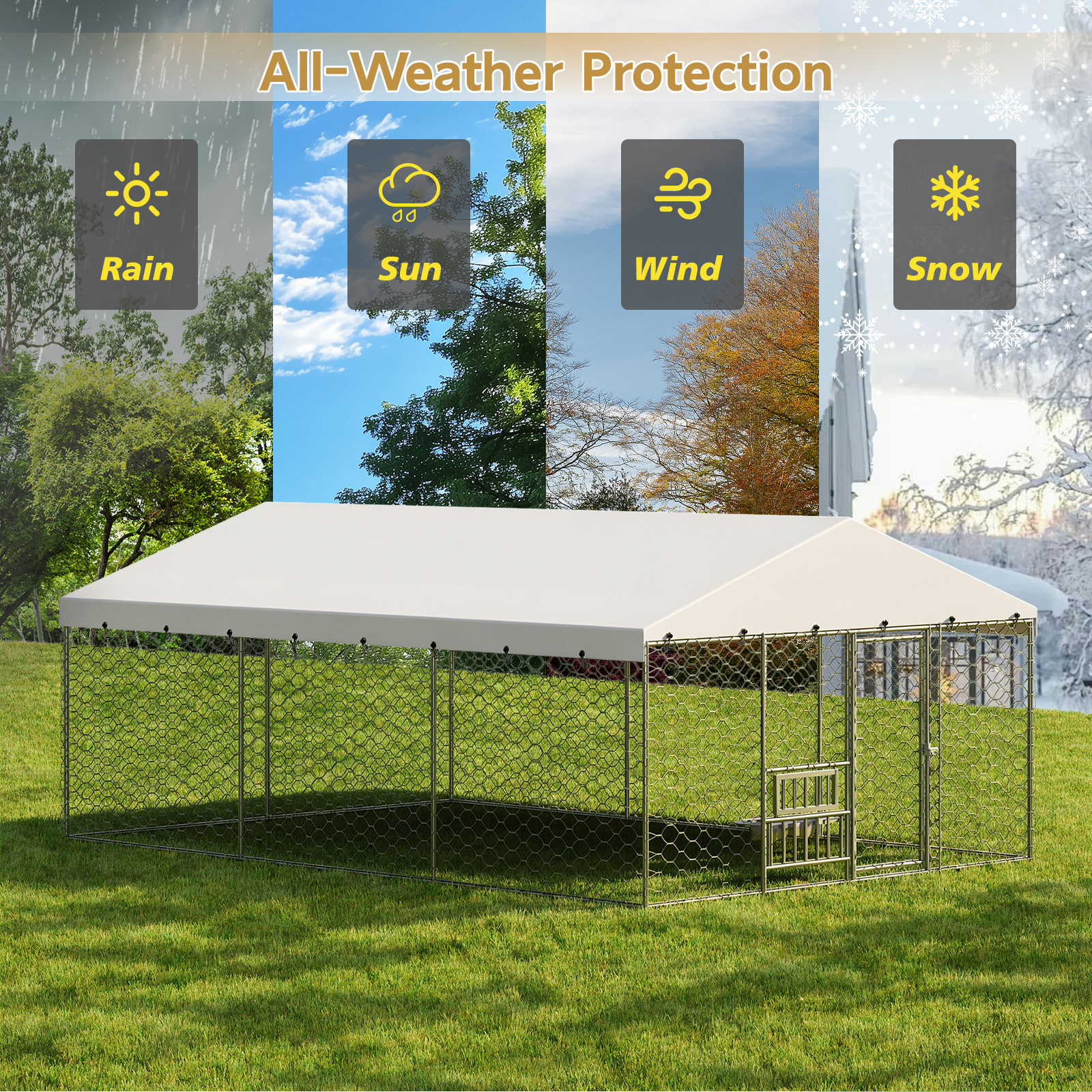 15x10 FT Large Outdoor Dog Kennel with Canopy, Heavy Duty Galvanized Steel Frame, Waterproof Cover, Built-in Elevated Feeding Bowls, Escape-Proof Lockable Pet Playpen for Large Dogs & Multiple Animal image 11