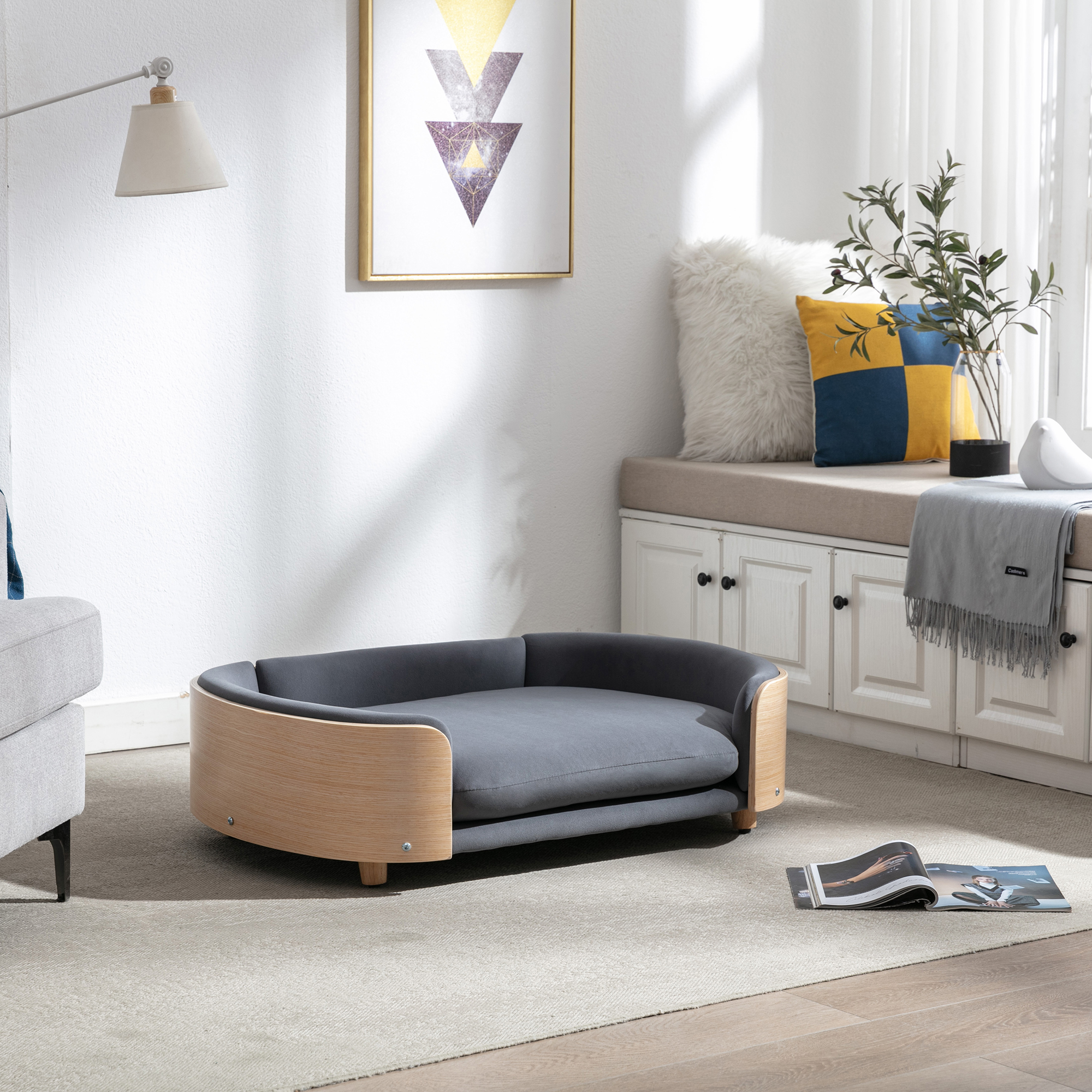 Scandinavian style Elevated Dog Bed Pet Sofa With Solid Wood legs and Bent Wood Back, Velvet Cushion,Large Size image 2