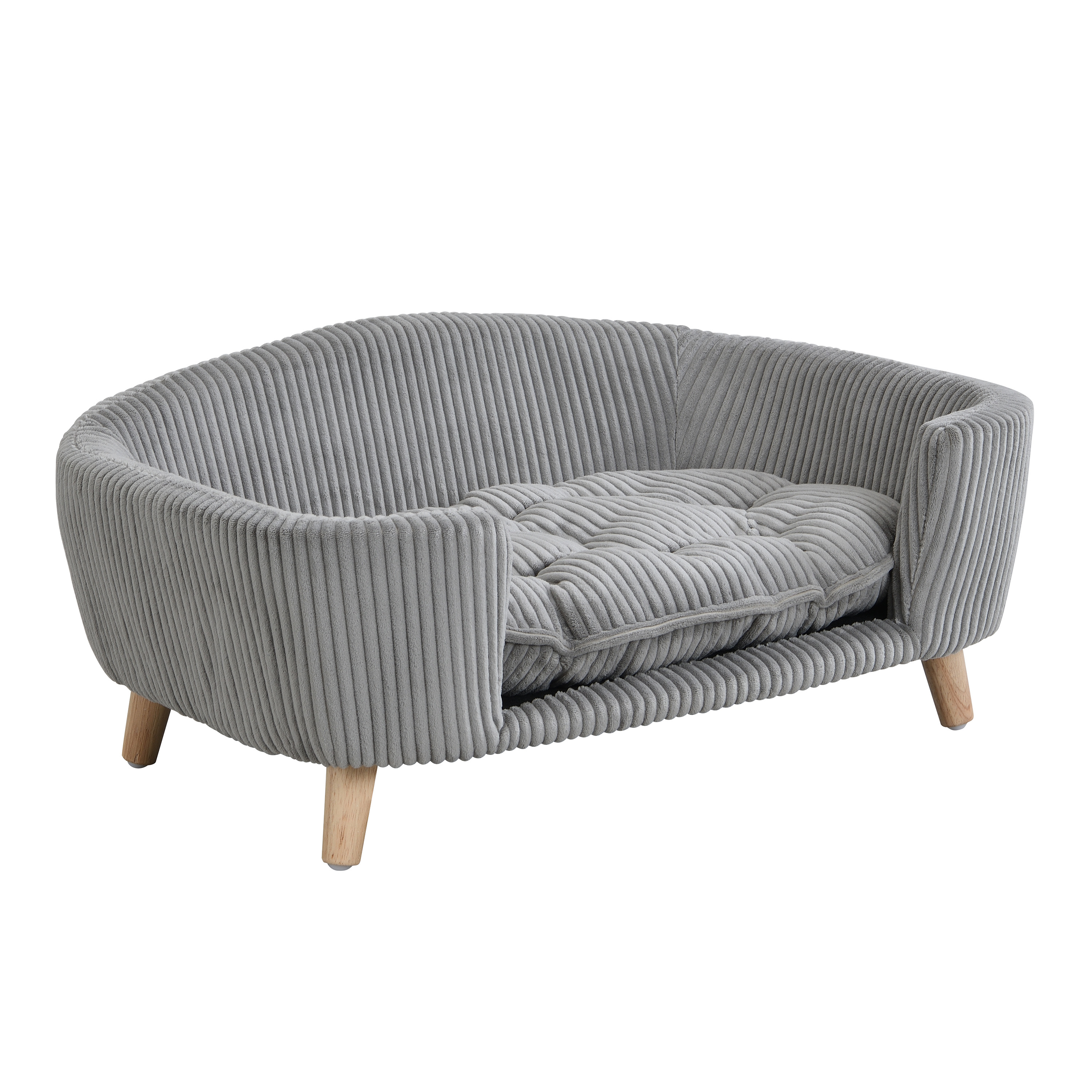 Elevated Dog Bed Frame for Small Dog, Corduroy Pet Couch Bed with Rubber Wood Legs and Supportive Foam, Grey, Easy Assembly image 7