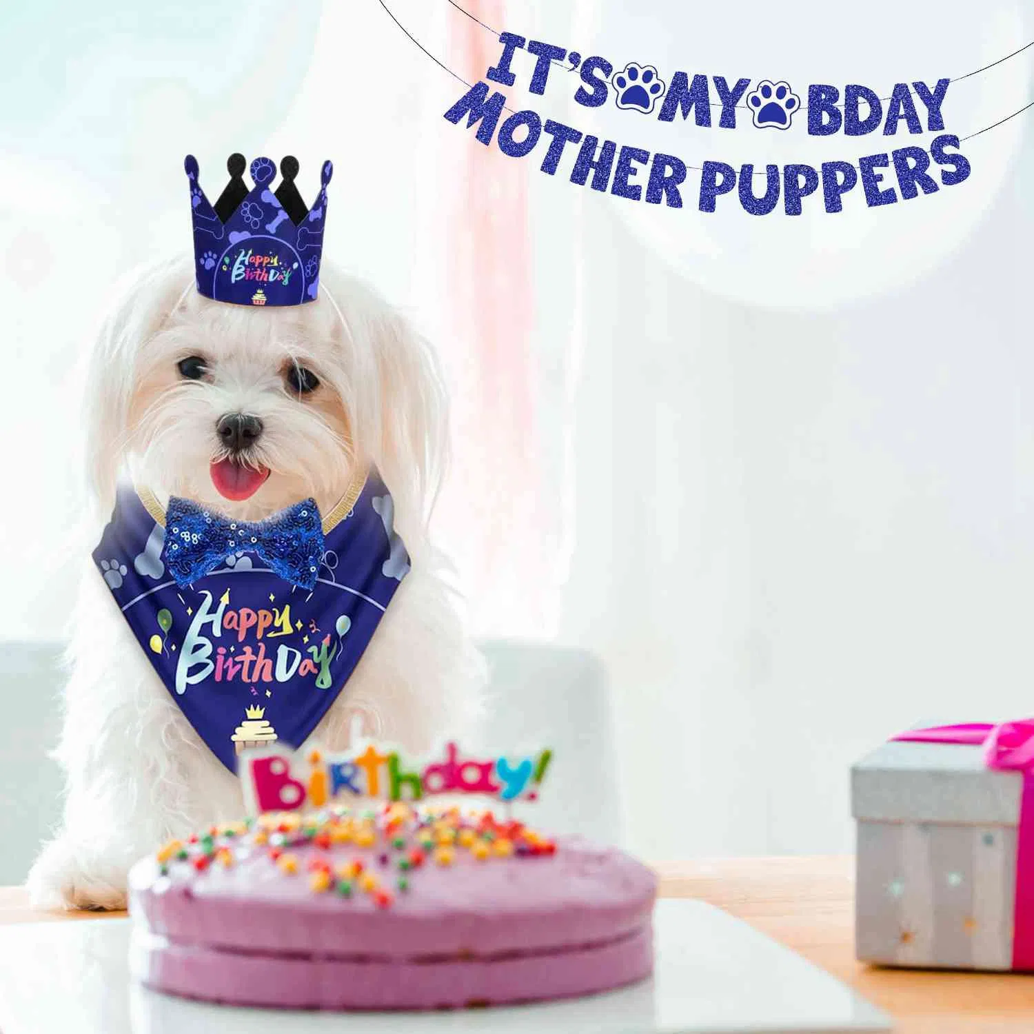 Dog Birthday Party Supplies, Boy Dog Birthday Bandana Set with Cute Dog Bowtie, Scarf, Birthday Banner  Balloons and Hat with Numbers for Medium and Extra Large Dogs Pets(Blue) image 6