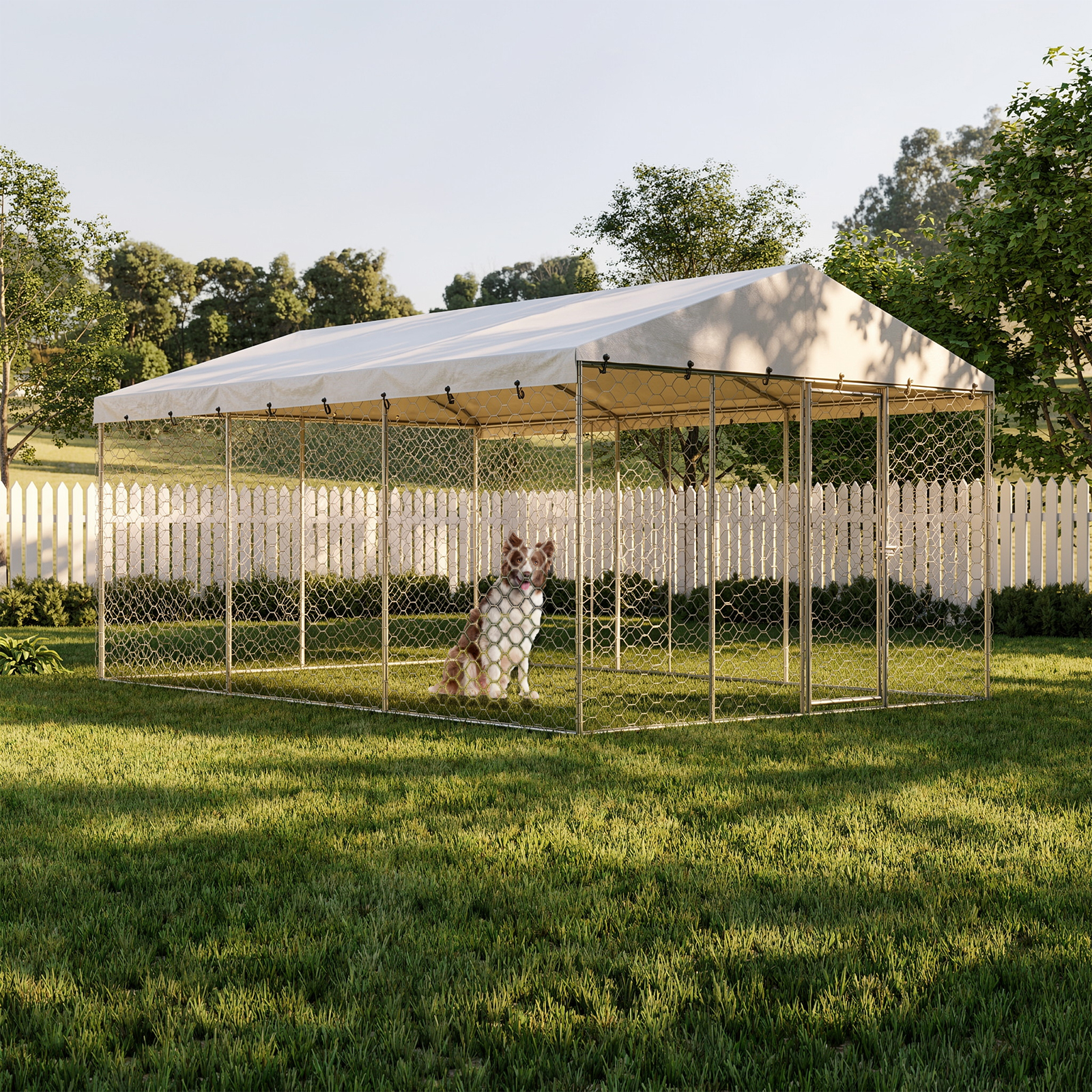 15x10 FT Large Outdoor Dog Kennel with Canopy, Heavy Duty Galvanized Steel Frame, Waterproof Cover, All-Weather Protection, Escape-Proof Lockable Pet Playpen for Large Dogs, Multiple Animals.