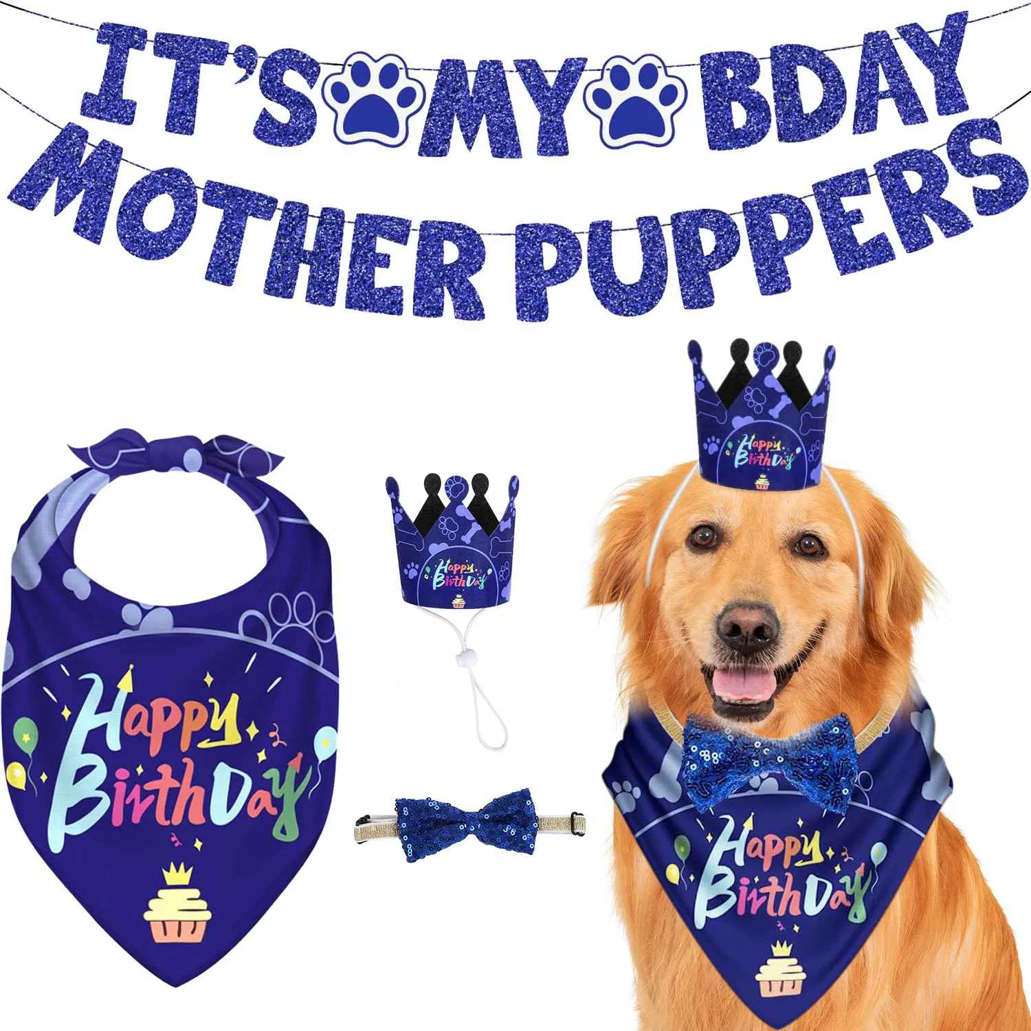 Dog Birthday Party Supplies, Boy Dog Birthday Bandana Set with Cute Dog Bowtie, Scarf, Birthday Banner  Balloons and Hat with Numbers for Medium and Extra Large Dogs Pets(Blue) image 2