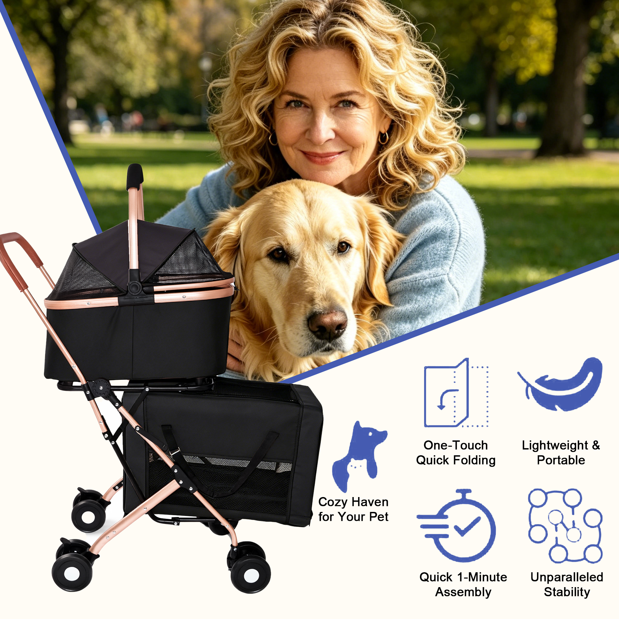3-in-1 Double Pet Stroller For Small Medium Dogs Cats, Foldable Frame Convertible Pet Carrier Tote, Shockproof Wheels With Brake System, Dual Fixed Safety Leashes For Multi-Pet Households image 6