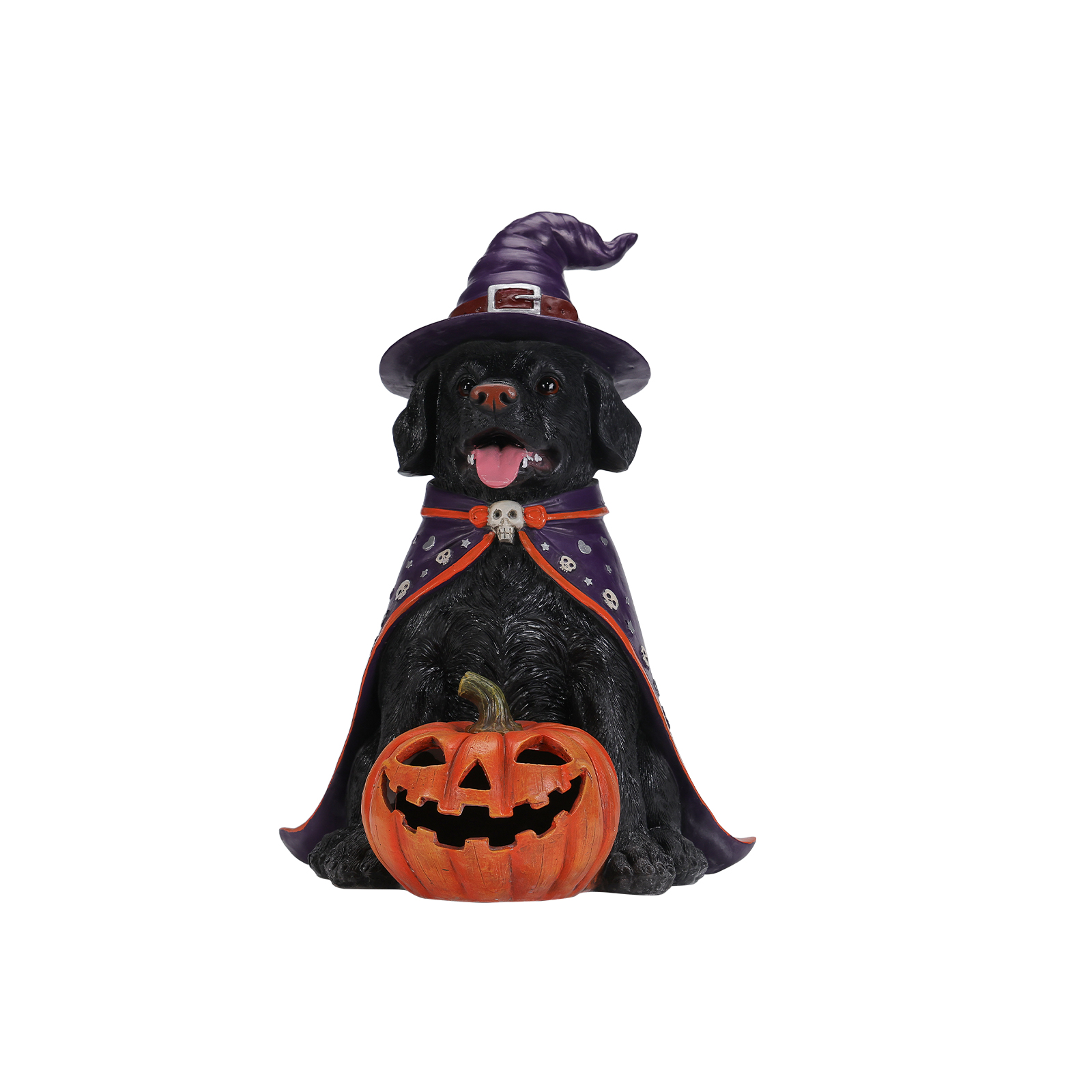Halloween Black Labrador Retriever Dog Statue, Large Sitting Dog Figurine with Witch Hat & Cape, LED Light Up Jack-O-Lantern Pumpkin image 3