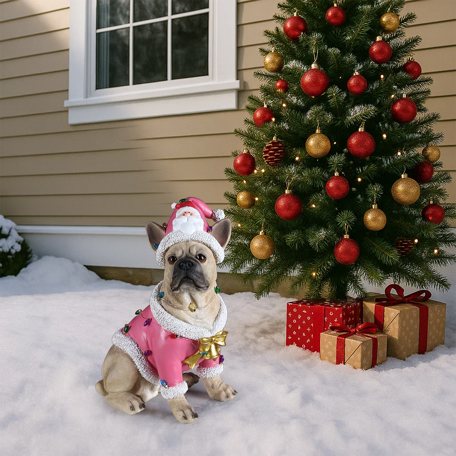 Christmas French Bulldog Statue,  Holiday Dog Figurine in Pink Santa Outfit, Festive Christmas Home Décor image 22