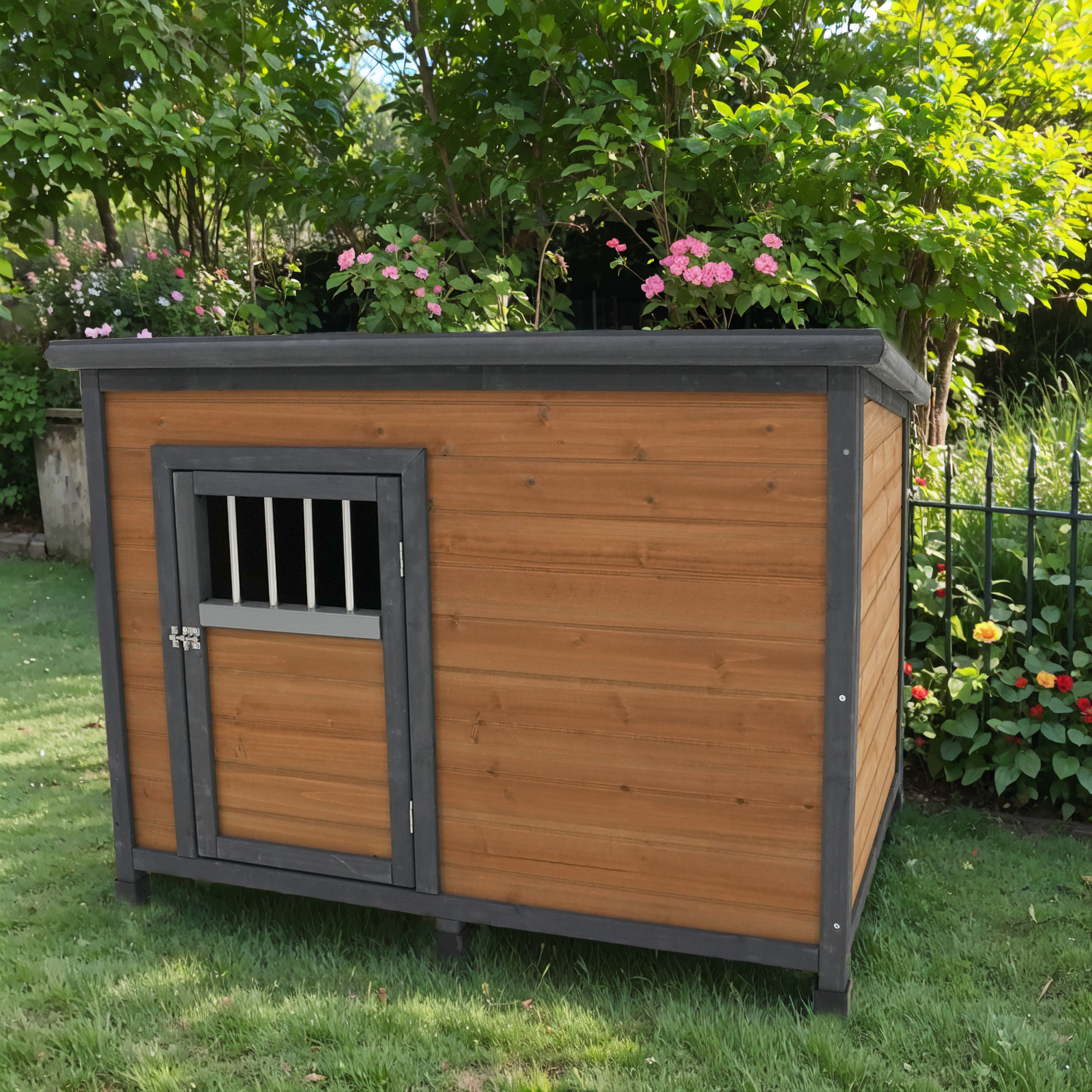 45"large solid wood dog house, waterproof PVC plastic roof, breathable wooden doors image 6