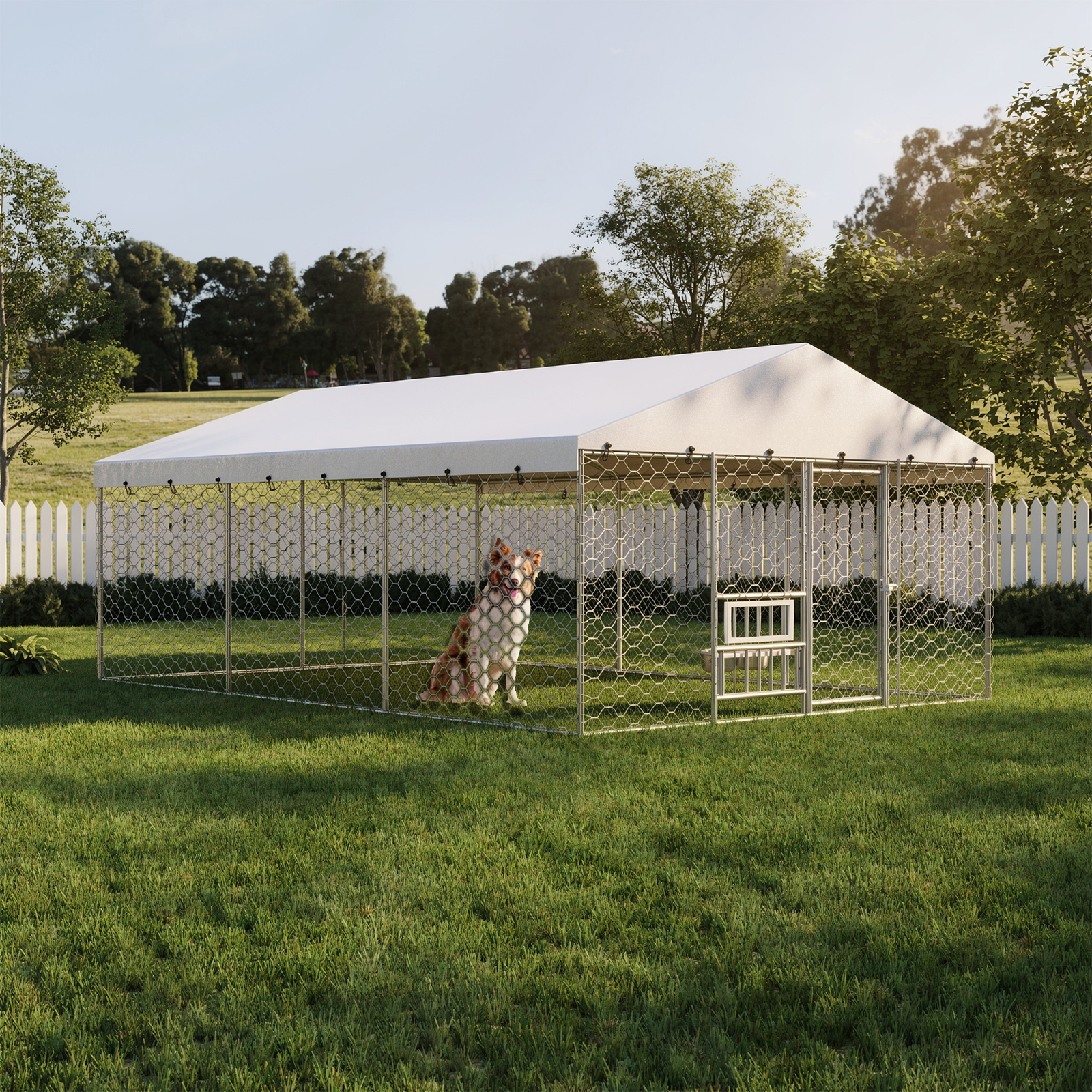 15x10 FT Large Outdoor Dog Kennel with Canopy, Heavy Duty Galvanized Steel Frame, Waterproof Cover, Built-in Elevated Feeding Bowls, Escape-Proof Lockable Pet Playpen for Large Dogs & Multiple Animal image 4