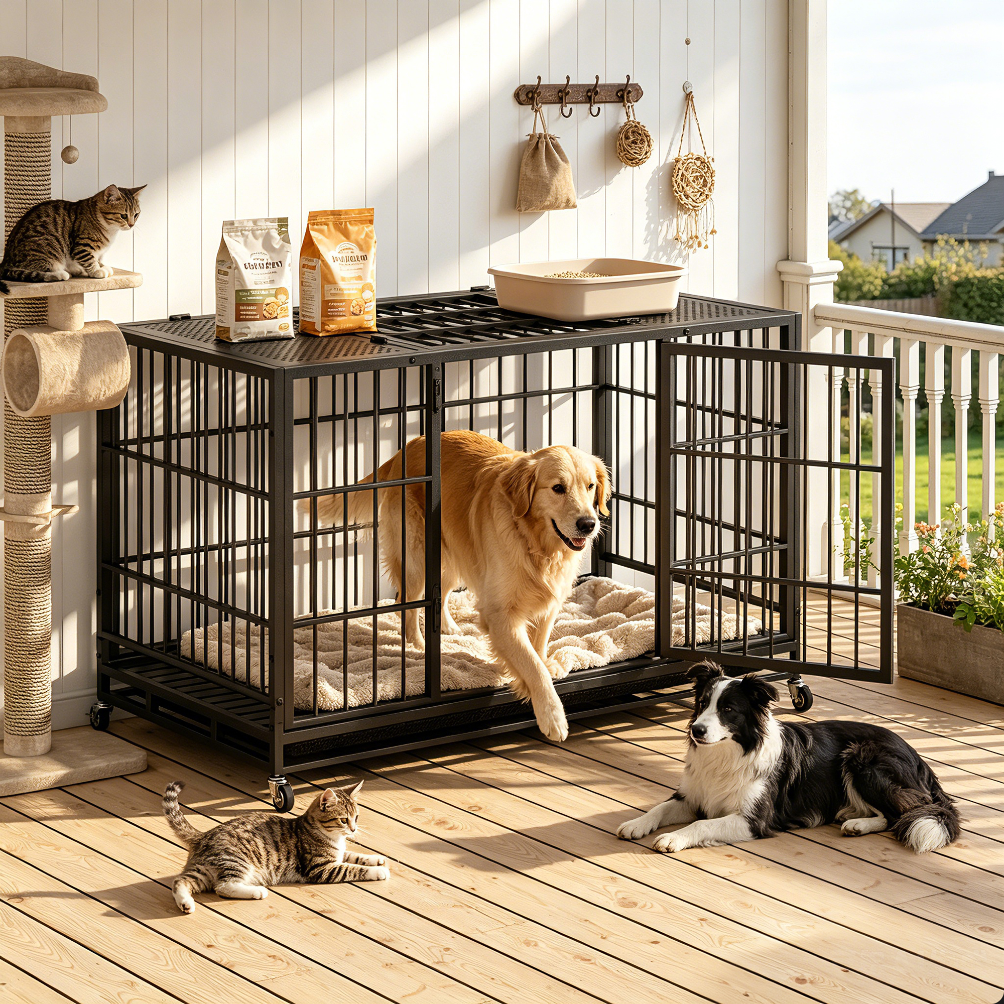 Heavy Duty Dog Crate , Mobile Pet Kennel with Lockable Wheels & Rotary Twist-Latch, Indoor Outdoor Metal Cage with Perforated Top image 7