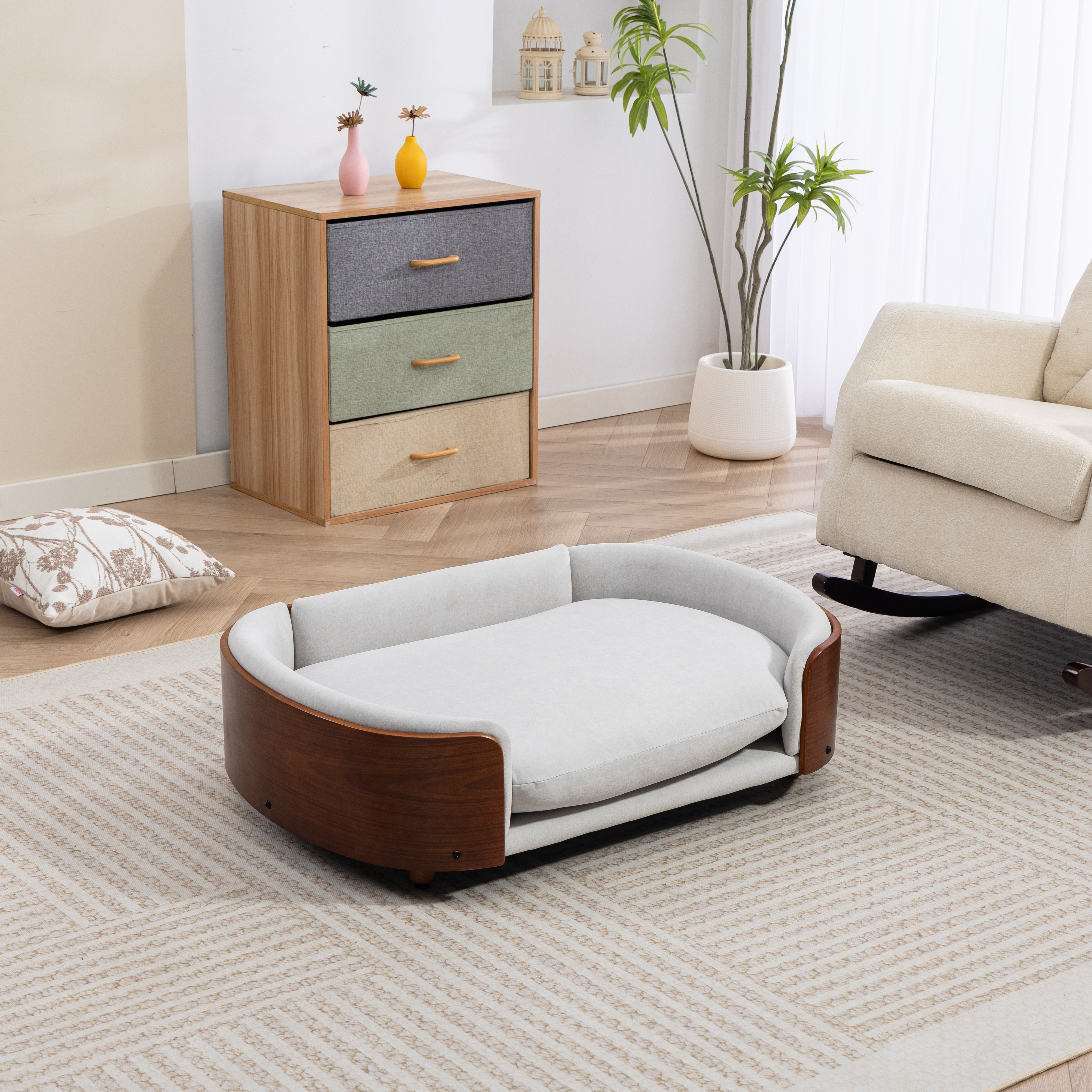 Scandinavian style Elevated Dog Bed Pet Sofa With Solid Wood legs and Walnut Bent Wood Back, Velvet Light Gray,Large Size