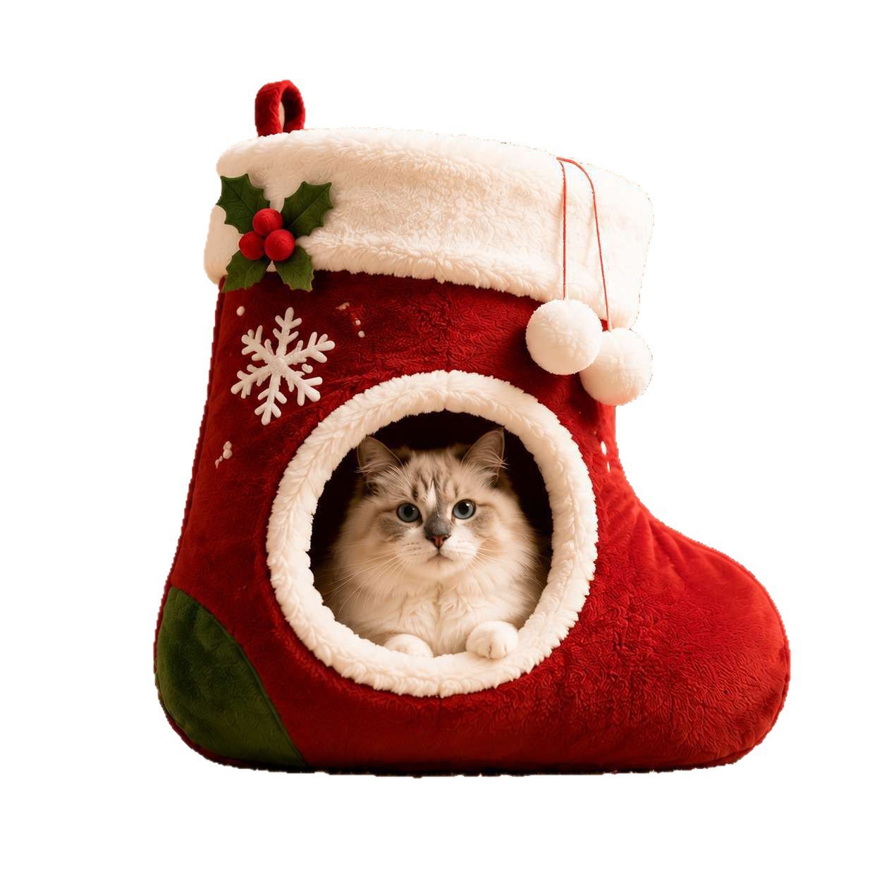 Christmas Stocking Cat Bed, Hanging Plush Cat Cave Bed With Pompoms, Non-Slip Covered Pet House For Indoor Cats And Kittens, Warm Winter Pet Bed, Holiday Xmas Decor, 19.7 X 13.8 X 9.8 Inch, Red image 2