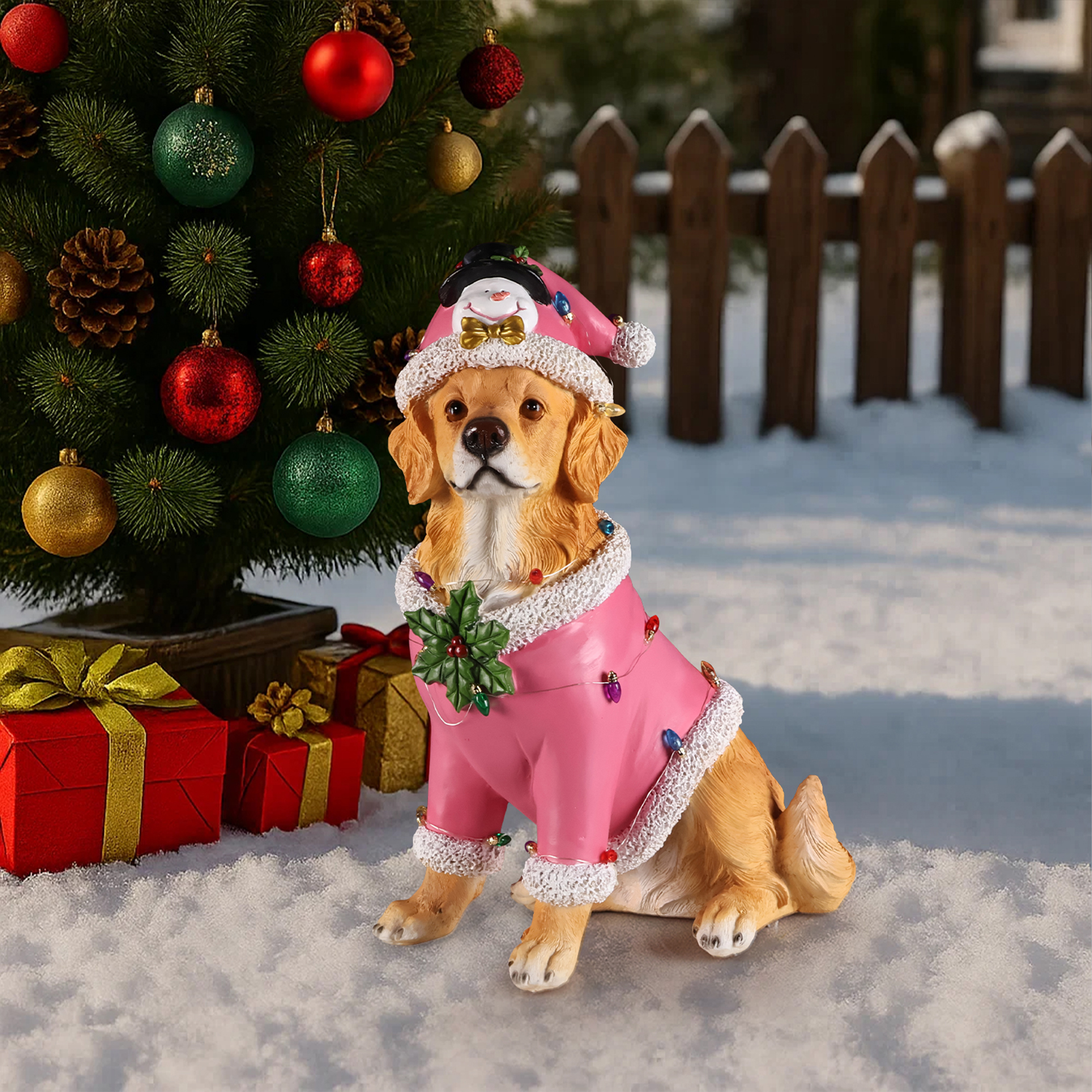 Christmas Golden Retriever Statue, Holiday Dog Figurine in Pink Santa Outfit image 8