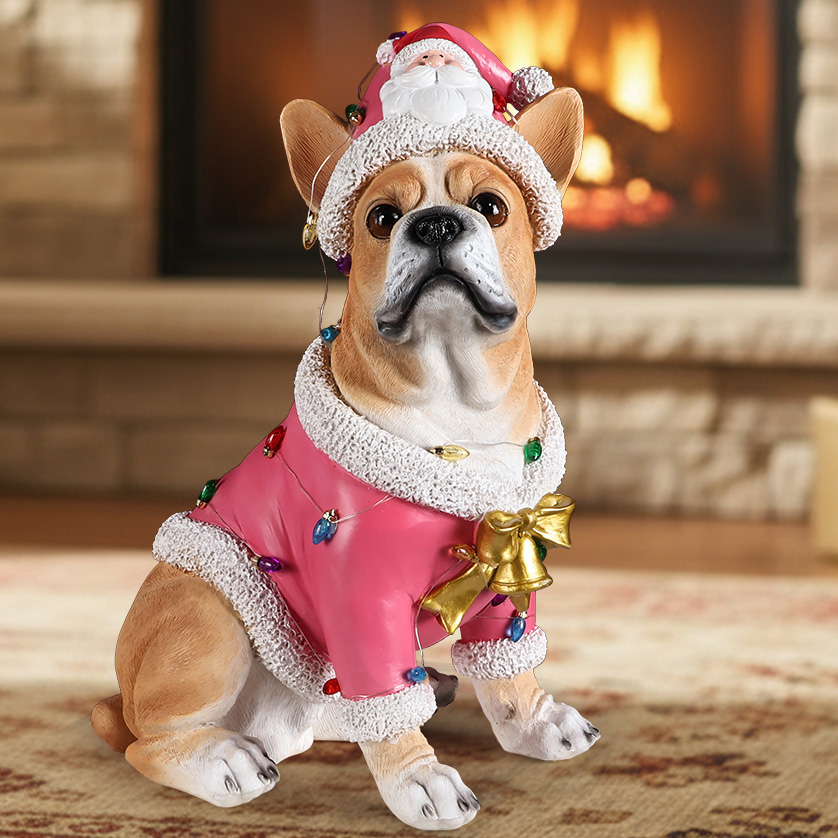 Christmas French Bulldog Statue,Holiday Dog Figurine in Pink Santa Outfit image 26
