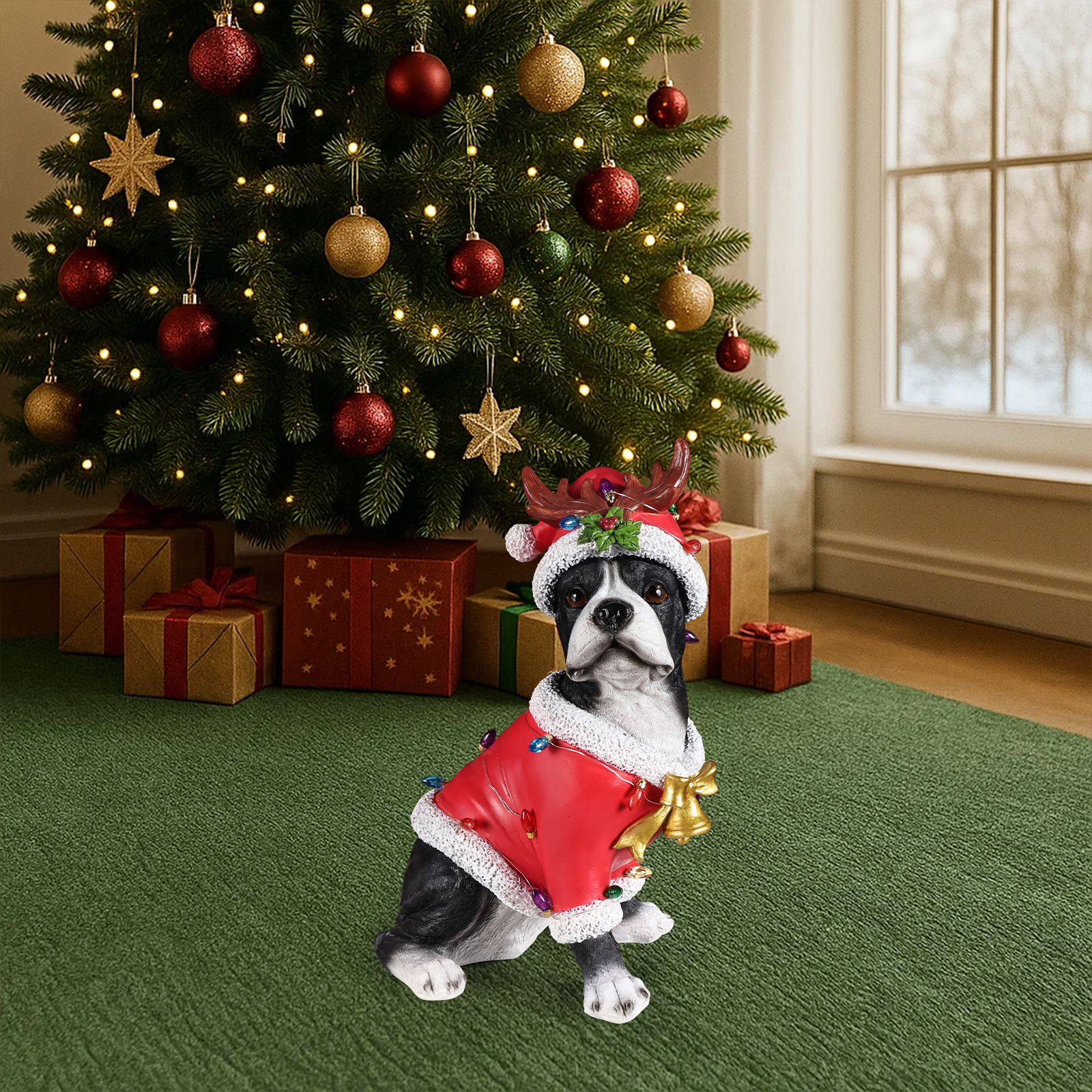 Christmas Boston Terrier Statue, Holiday Dog Figurine in Santa Outfit image 9