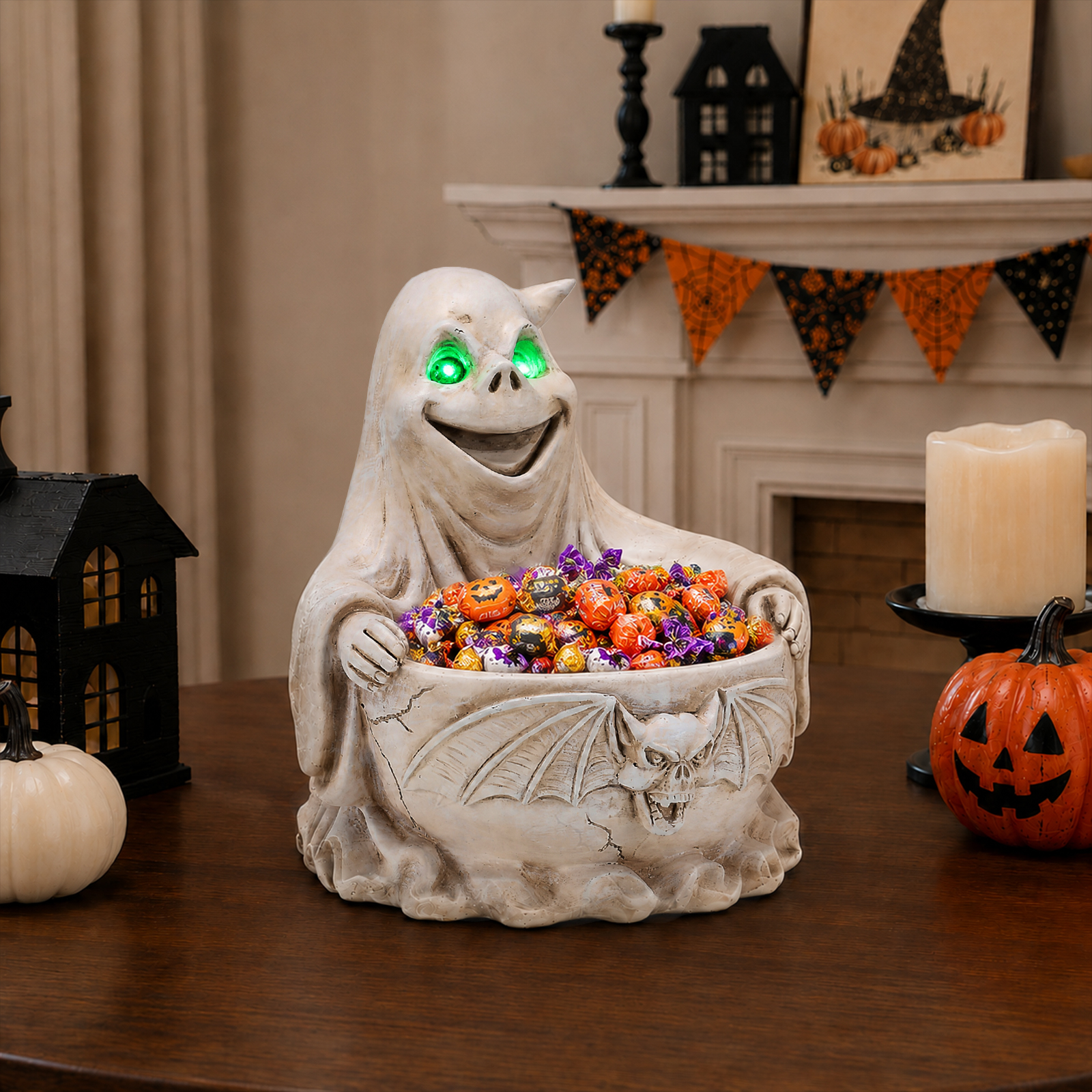Halloween Ghost Storage Bowl Figurine, Spooky Candy Dish with LED Light for Halloween Party image 15