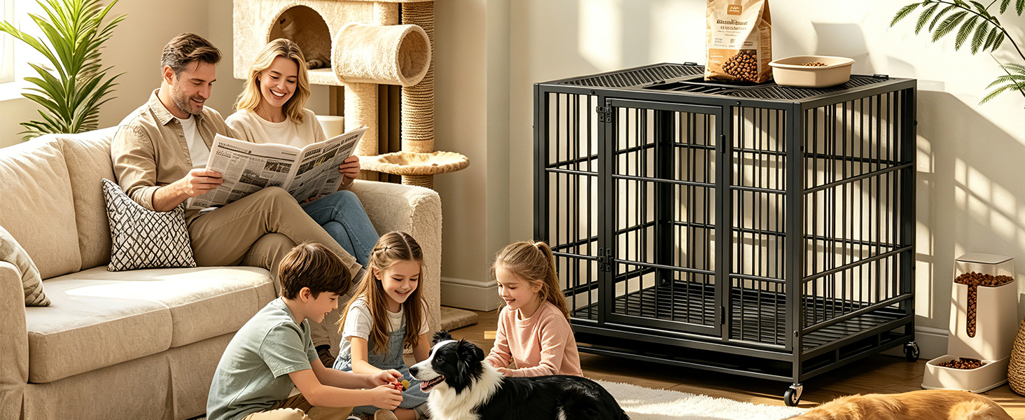 Heavy Duty Dog Crate , Mobile Pet Kennel with Lockable Wheels & Rotary Twist-Latch, Indoor Outdoor Metal Cage with Perforated Top image 6