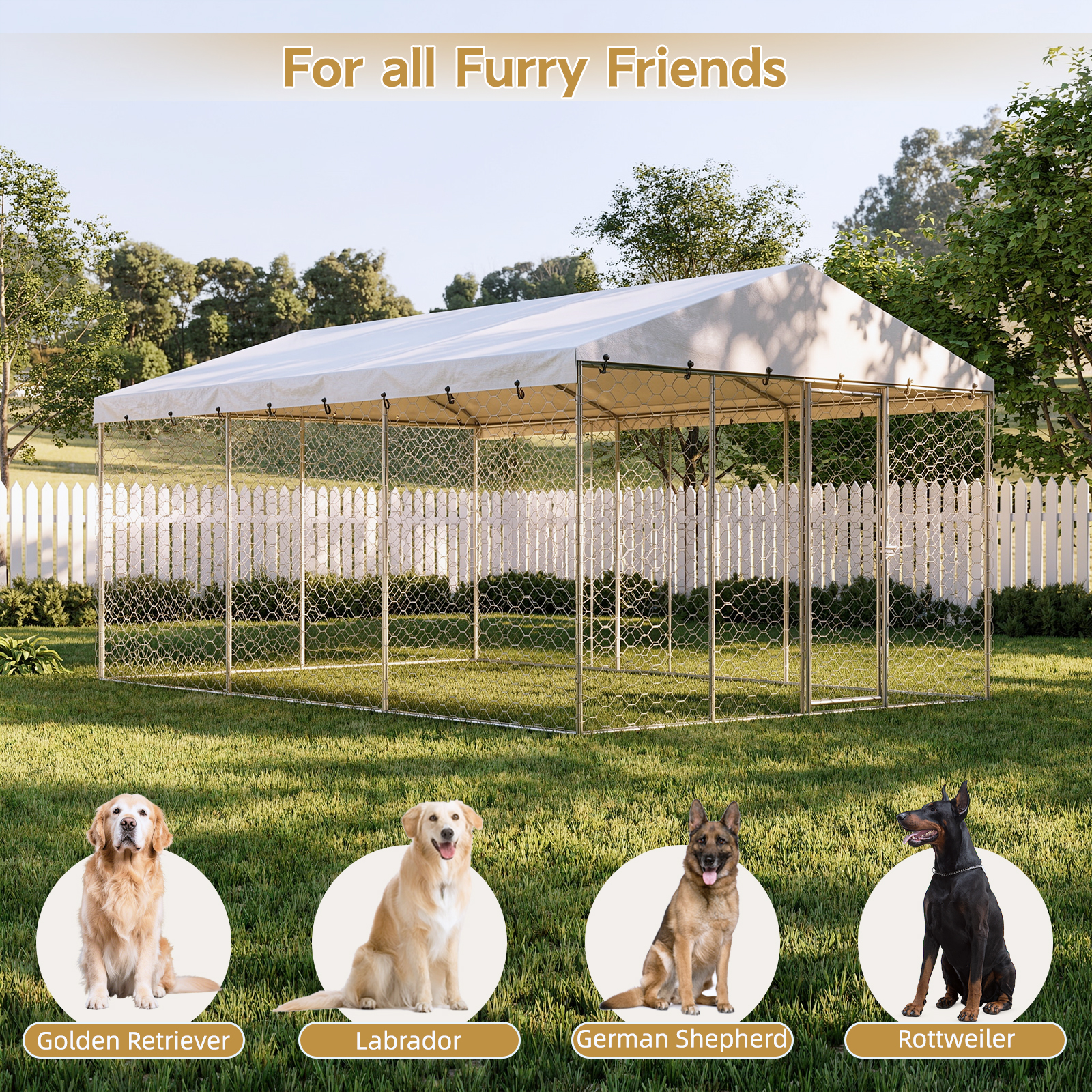15x10 FT Large Outdoor Dog Kennel with Canopy, Heavy Duty Galvanized Steel Frame, Waterproof Cover, All-Weather Protection, Escape-Proof Lockable Pet Playpen for Large Dogs, Multiple Animals. image 8