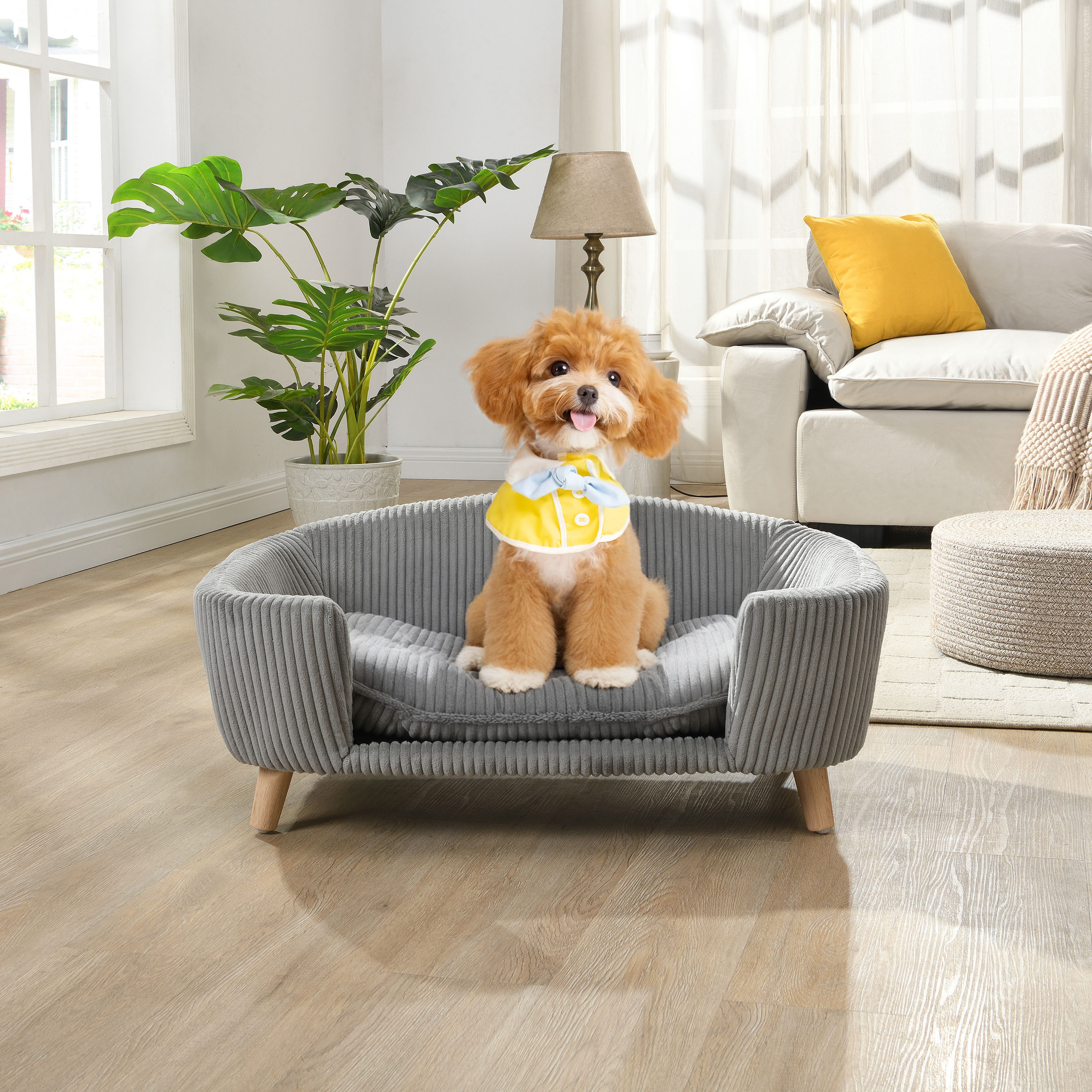 Elevated Dog Bed Frame for Small Dog, Corduroy Pet Couch Bed with Rubber Wood Legs and Supportive Foam, Grey, Easy Assembly image 3