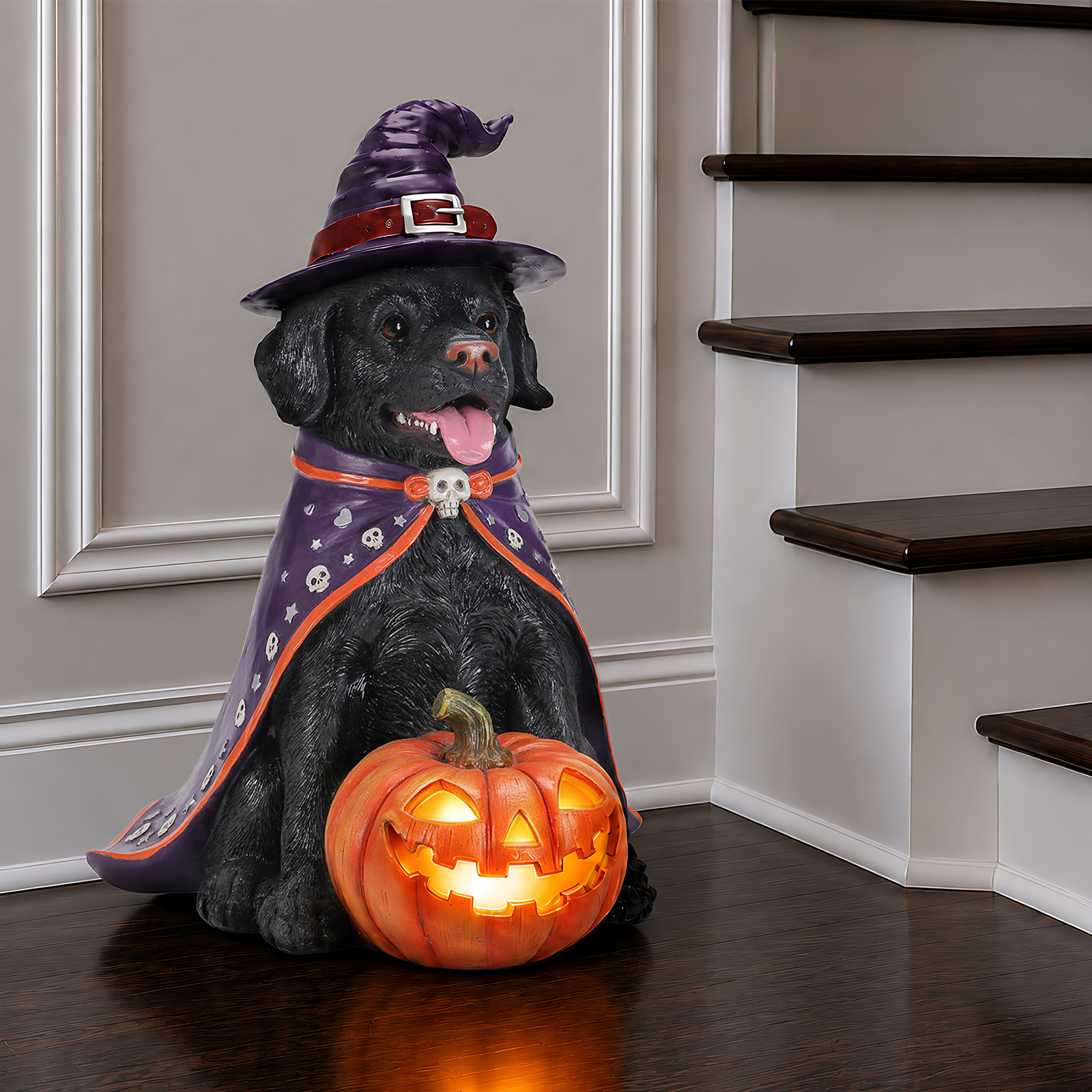 Halloween Black Labrador Retriever Dog Statue, Large Sitting Dog Figurine with Witch Hat & Cape, LED Light Up Jack-O-Lantern Pumpkin image 13