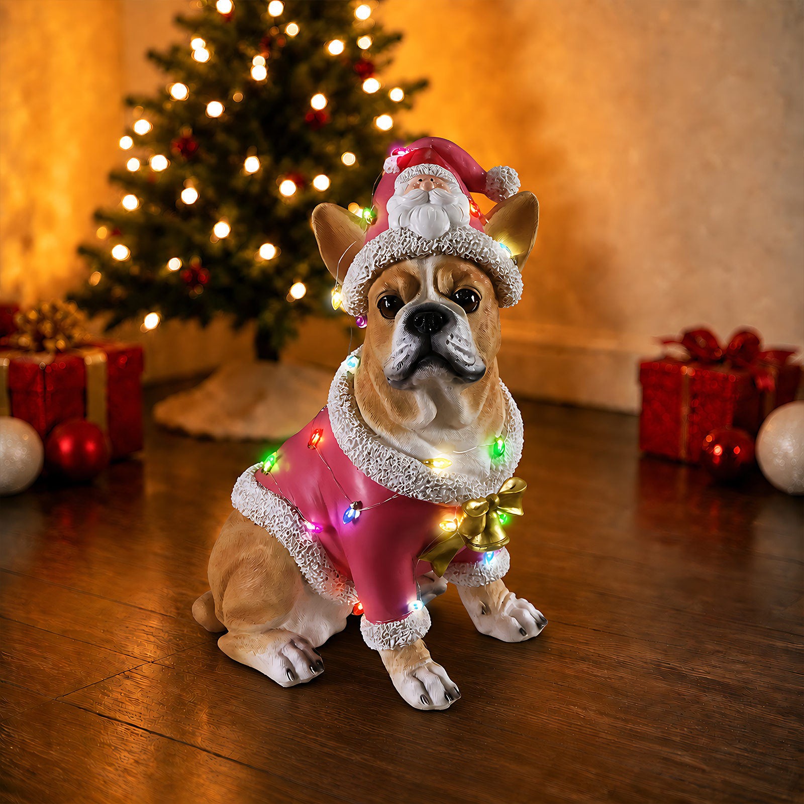 Christmas French Bulldog Statue,Holiday Dog Figurine in Pink Santa Outfit image 7
