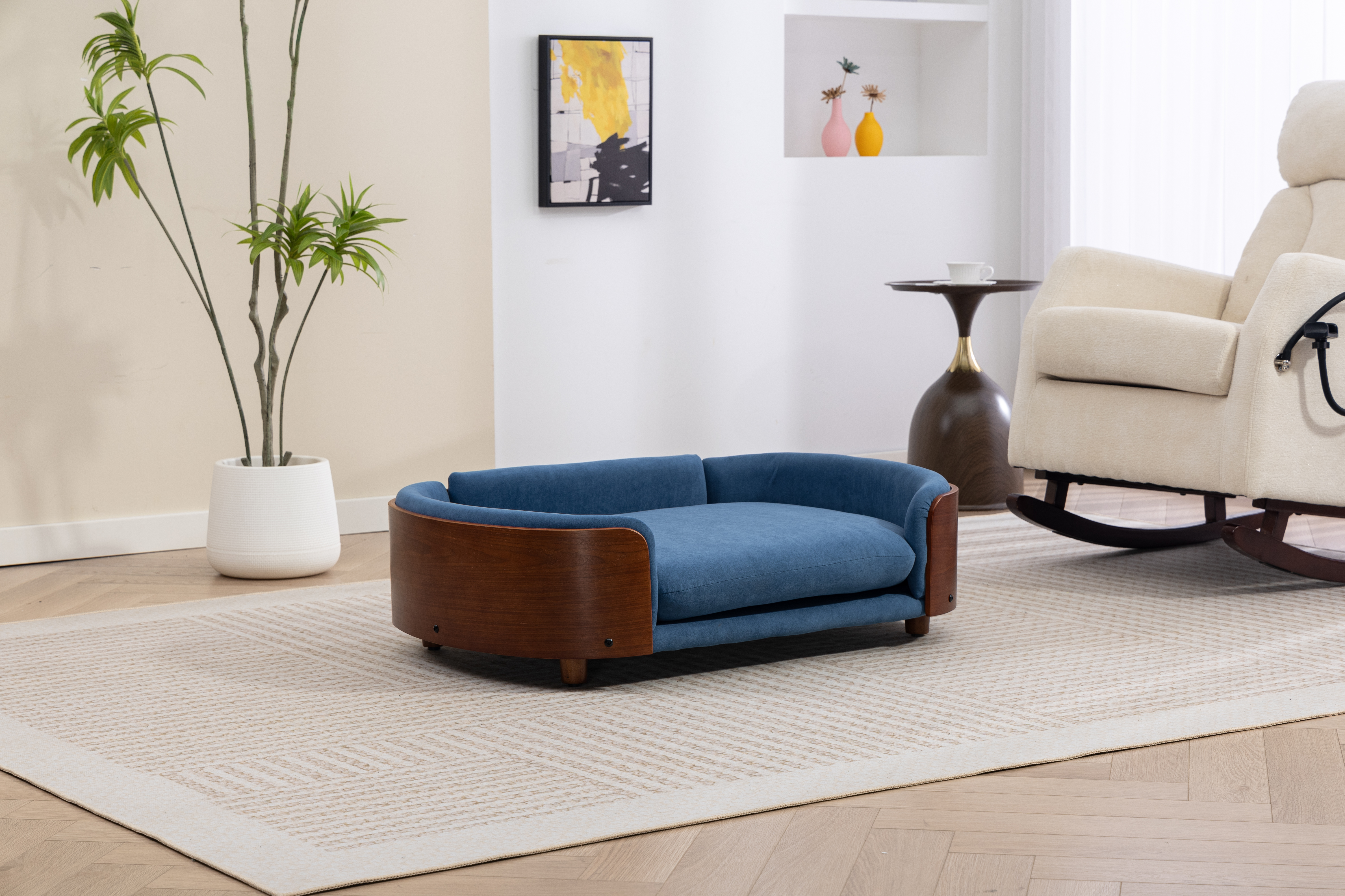 Scandinavian style Elevated Dog Bed Pet Sofa With Solid Wood legs and Walnut Bent Wood Back, Velvet Cushion,Large Size image 19