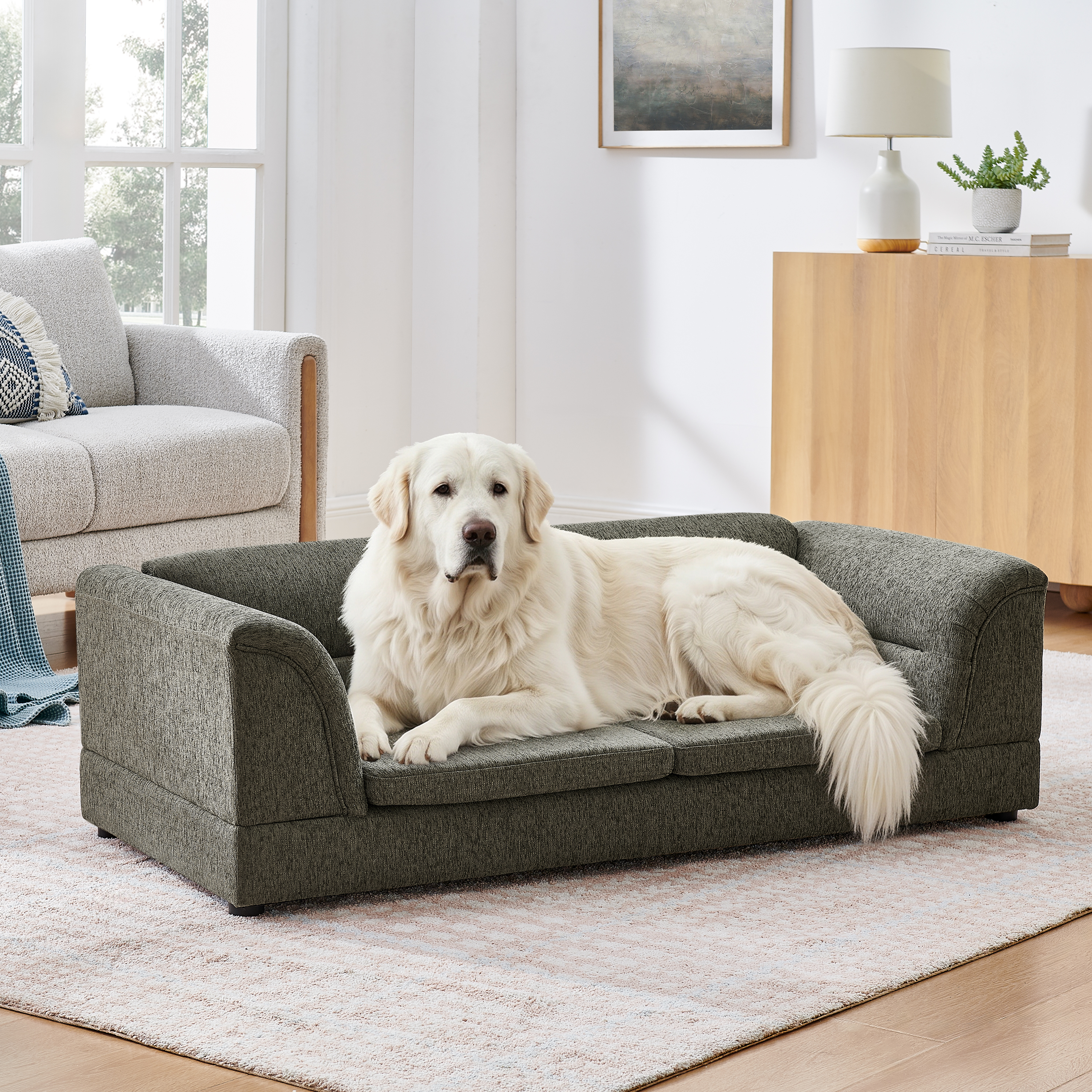 Oversized Pet Sofa, Curved Armrest Rectangular Dog Sofa, Linen Fabric Comfort Pet Couch for Large & Oversized Dogs-Dark Gray image 13