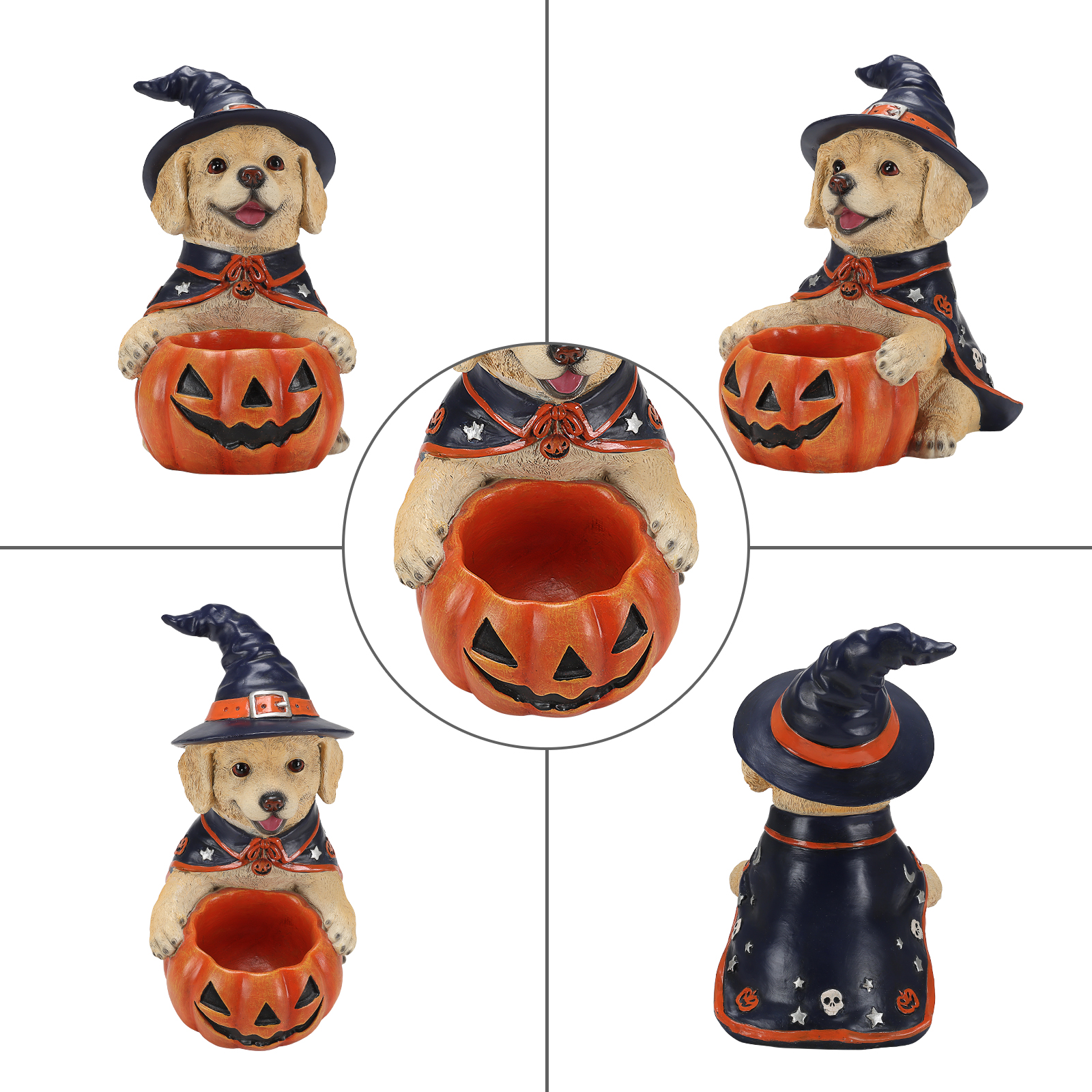 Halloween Labrador Retriever Witch Puppy Figurine, Cute Dog Holding Pumpkin Candy Bowl Decoration image 17