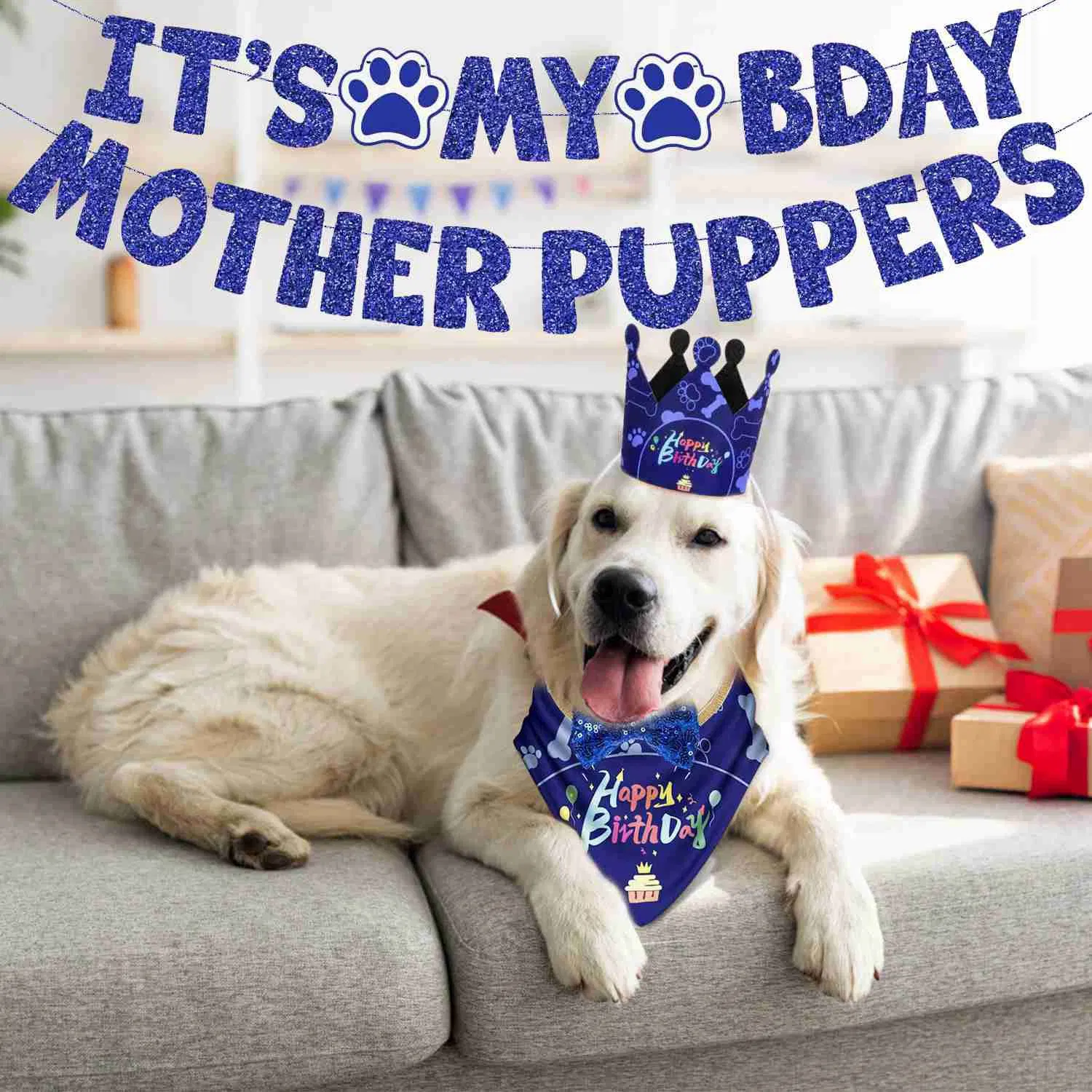 Dog Birthday Party Supplies, Boy Dog Birthday Bandana Set with Cute Dog Bowtie, Scarf, Birthday Banner  Balloons and Hat with Numbers for Medium and Extra Large Dogs Pets(Blue) image 5
