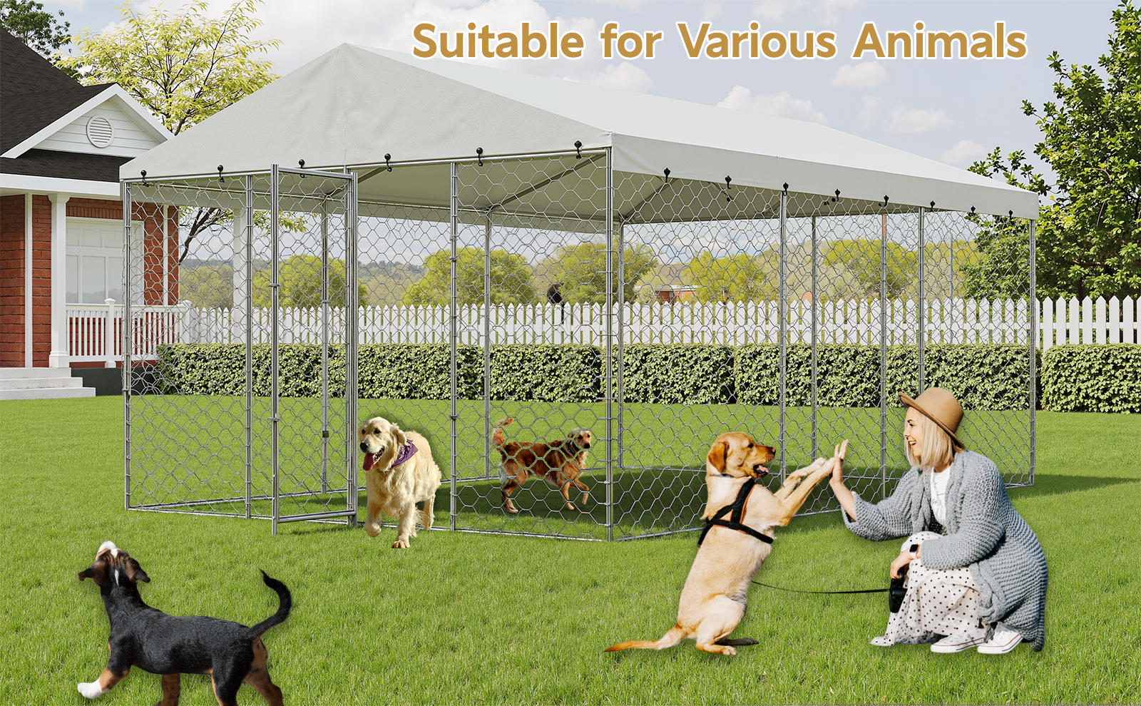 15x10 FT Large Outdoor Dog Kennel with Canopy, Heavy Duty Galvanized Steel Frame, Waterproof Cover, All-Weather Protection, Escape-Proof Lockable Pet Playpen for Large Dogs, Multiple Animals. image 6